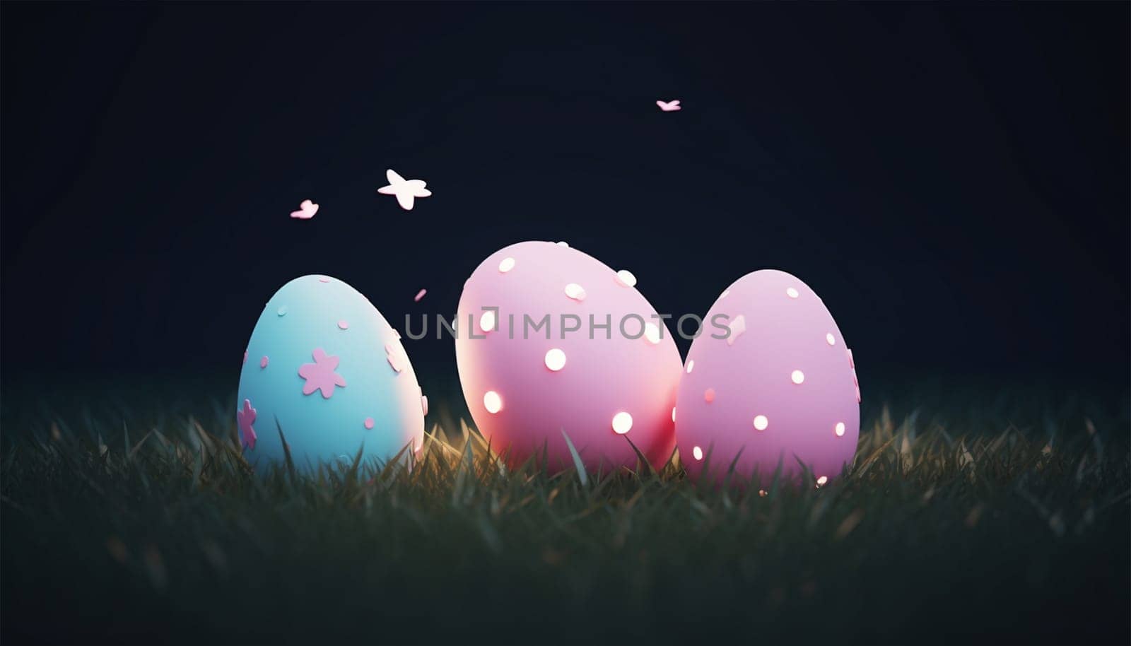Happy Easter glowing retro neon eggs on dark background. Pastel colored 3D Easter eggs copy space illustration. by Annebel146