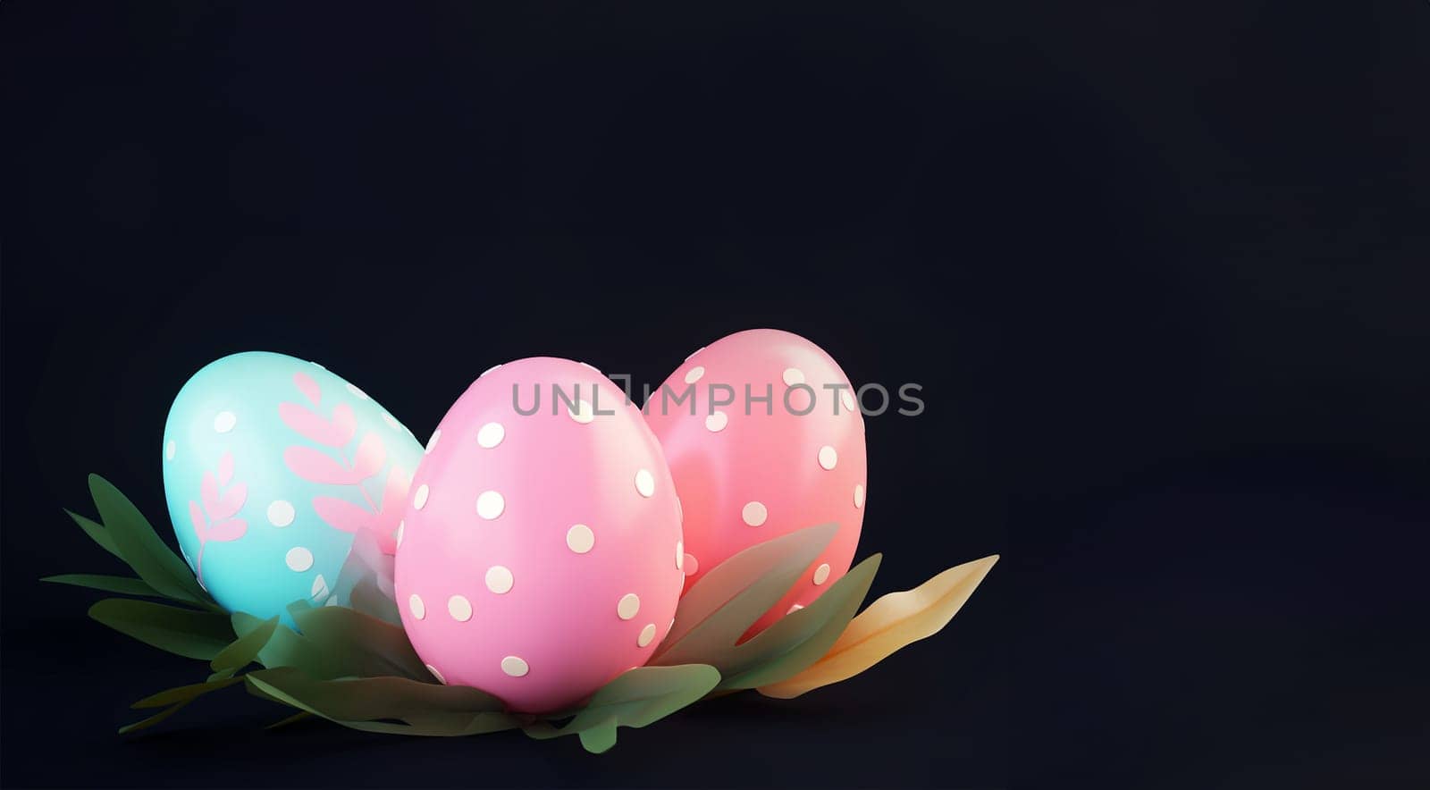 Happy Easter glowing retro neon eggs on dark background. Pastel colored 3D Easter eggs copy space illustration. by Annebel146