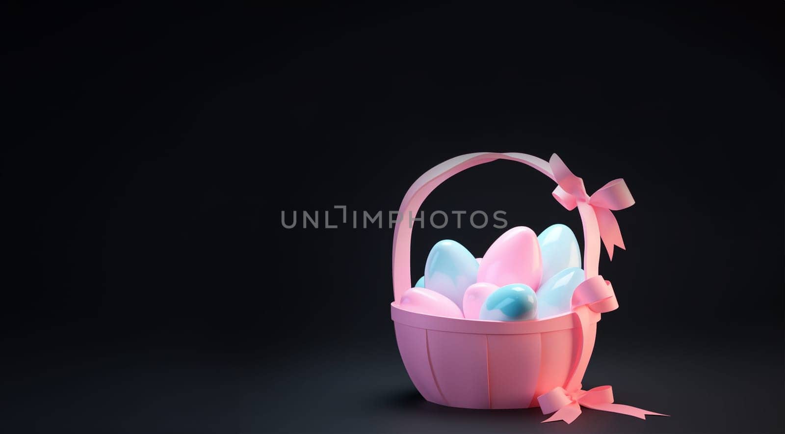 Happy Easter glowing retro neon eggs on dark background. Pastel colored 3D Easter eggs copy space illustration. Space for text