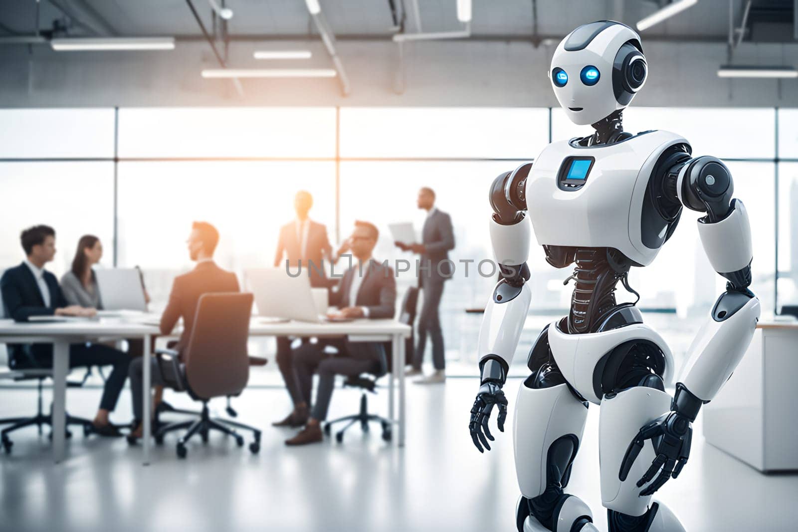 A modern robot works in a bright office with other employees, the usefulness of automation when performing repetitive and tedious tasks. by Ekaterina34