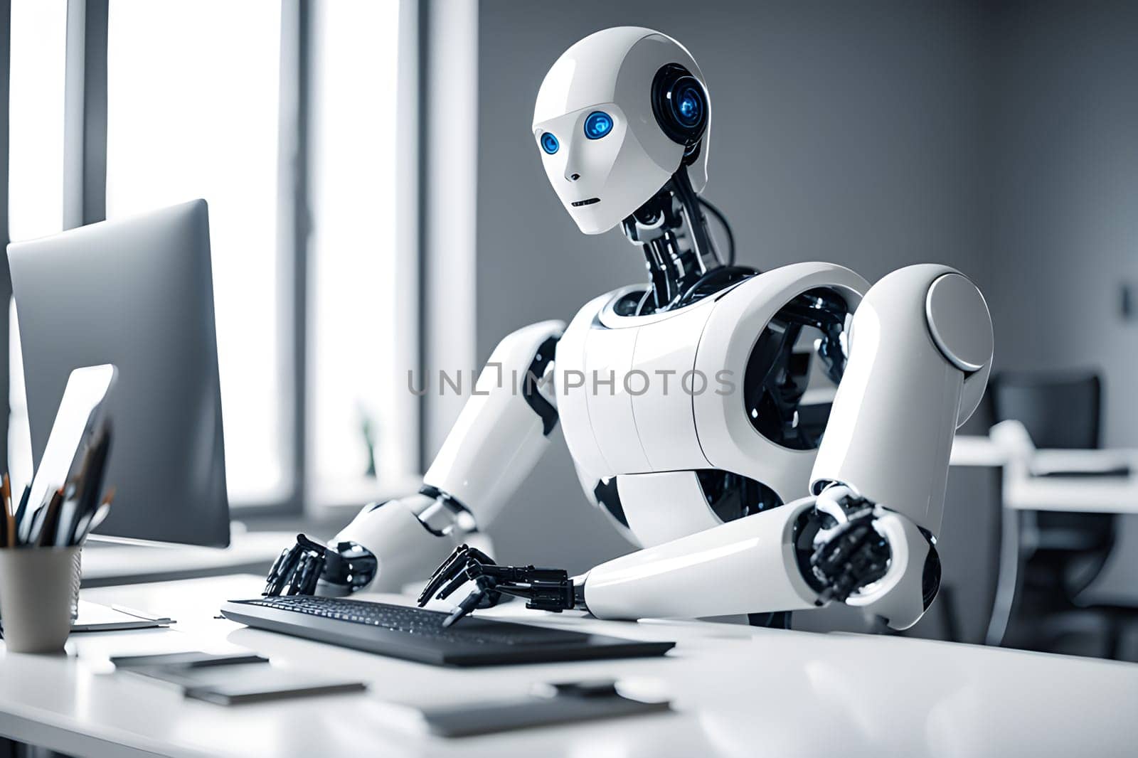 A modern robot works in an office on a laptop, demonstrating the usefulness of automation in performing repetitive and tedious tasks. by Ekaterina34