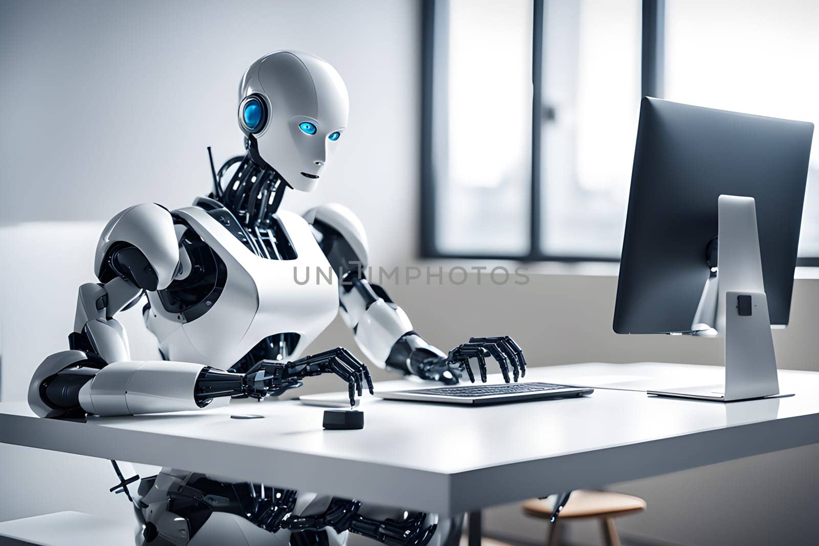 A modern robot works in an office on a laptop, demonstrating the usefulness of automation in performing repetitive and tedious tasks. by Ekaterina34