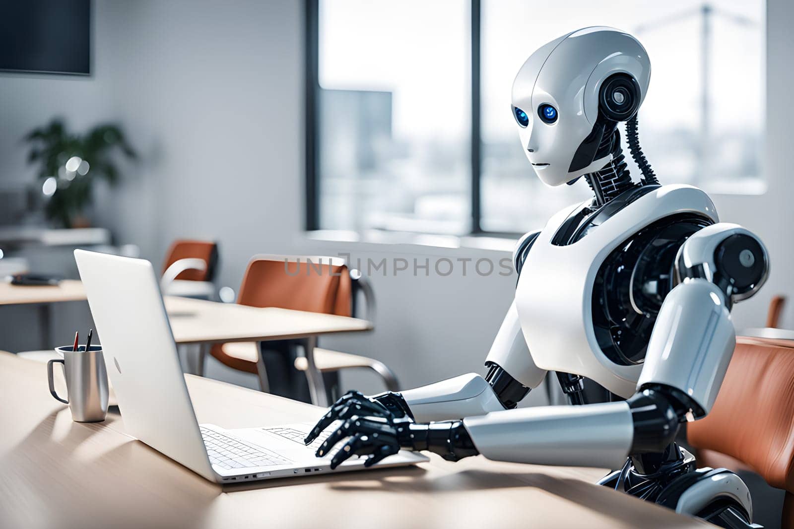 A modern robot works in an office on a laptop, demonstrating the usefulness of automation in performing repetitive and tedious tasks. by Ekaterina34