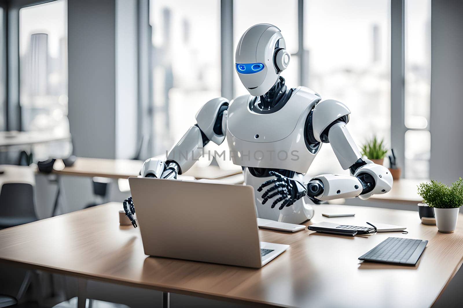 A modern robot works in an office on a laptop, demonstrating the usefulness of automation in performing repetitive and tedious tasks