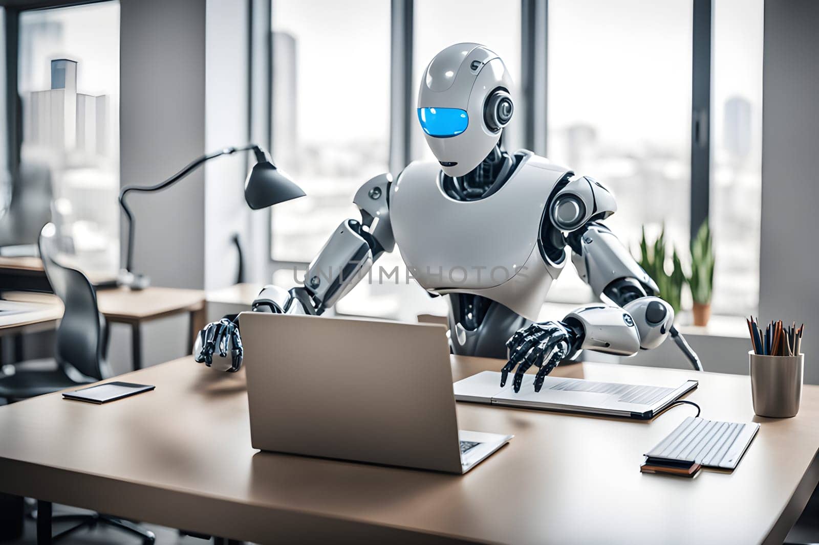 A modern robot works in an office on a laptop, demonstrating the usefulness of automation in performing repetitive and tedious tasks. by Ekaterina34