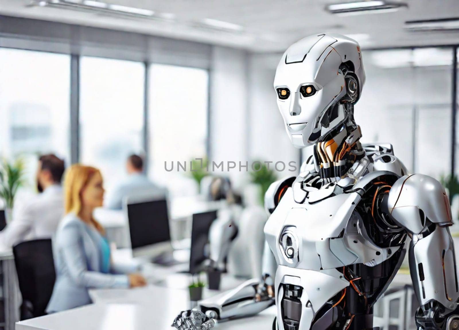 A modern robot works in a bright office with other employees, the usefulness of automation when performing repetitive and tedious tasks