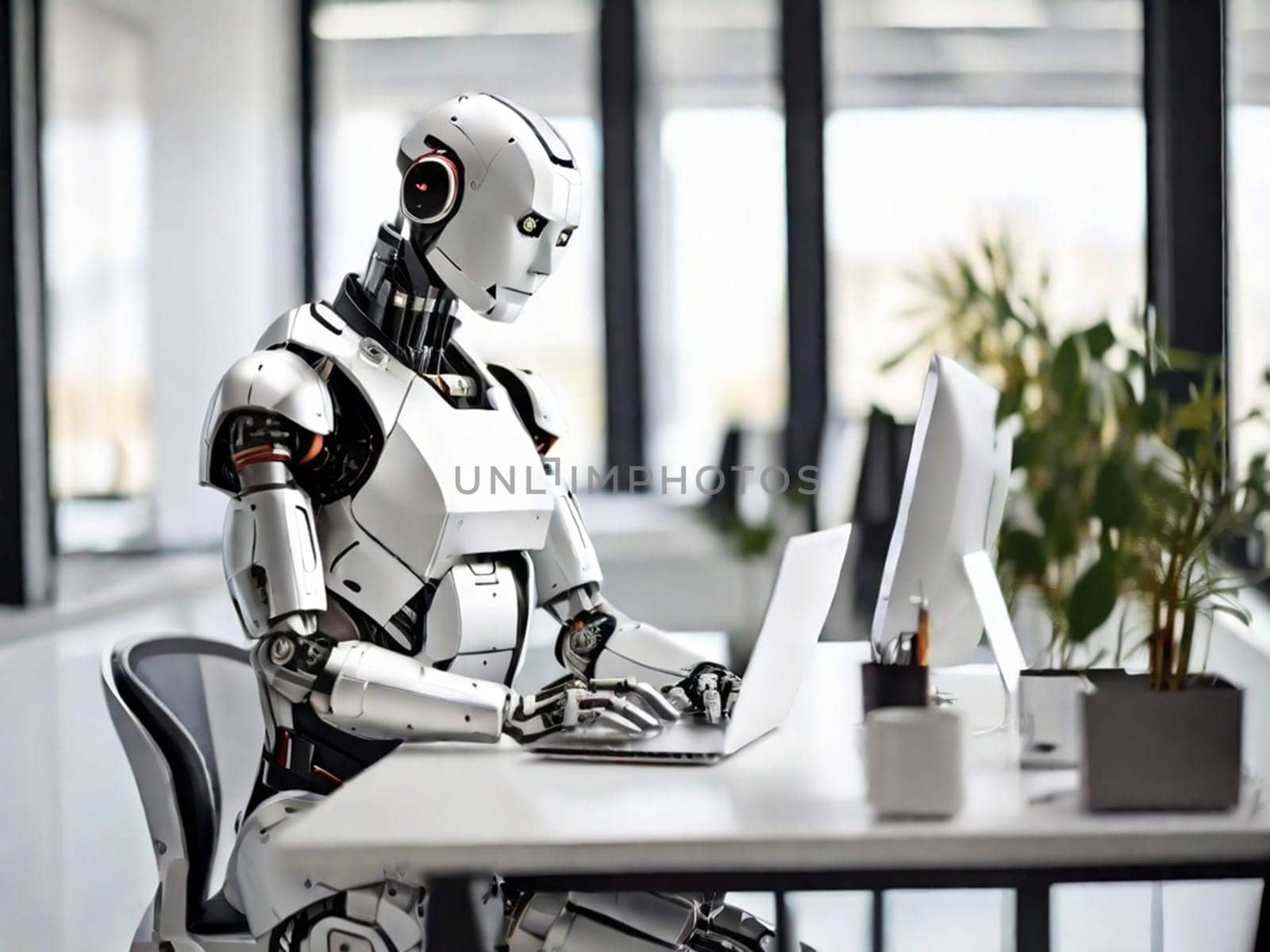 A modern robot works in an office on a laptop, demonstrating the usefulness of automation in performing repetitive and tedious tasks. by Ekaterina34