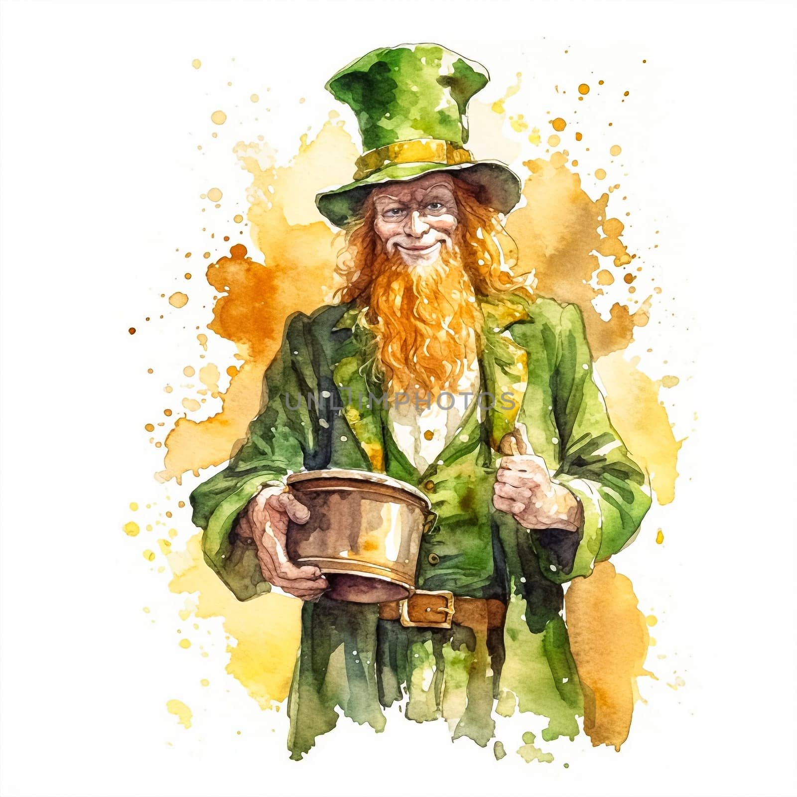 Leprechaun in green hat holds pot of gold in his hands by Alla_Morozova93