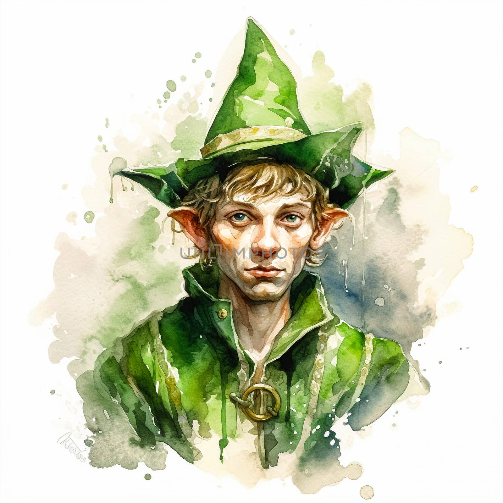 Whimsical watercolor depicts a lively leprechaun in green attire and hat, evoking the magic of St. Patricks Day