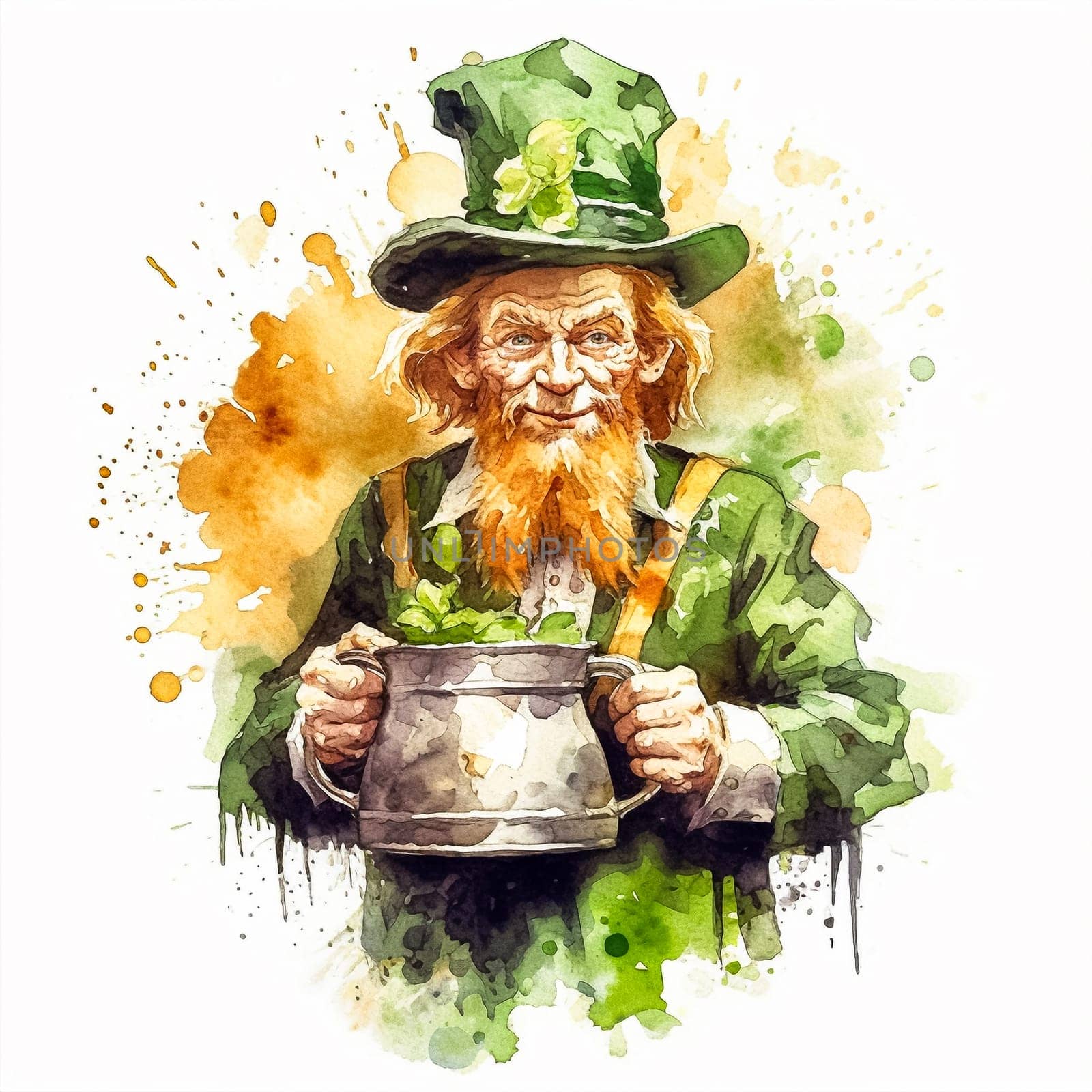 watercolor image featuring a playful leprechaun adorned in charming green attire and hat by Alla_Morozova93
