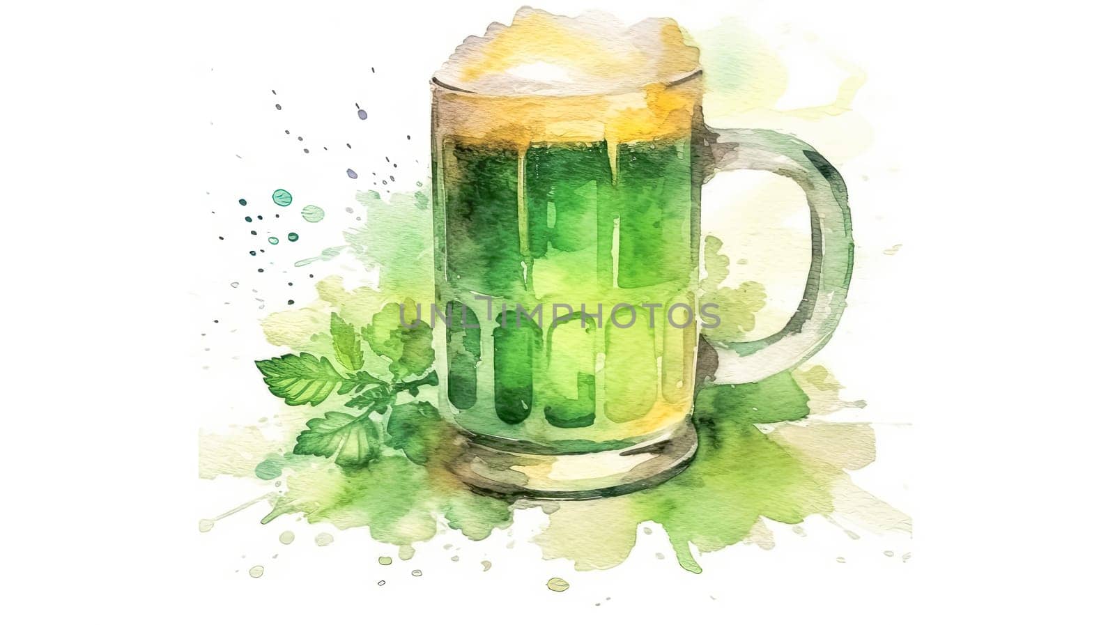 A delightful watercolor portrayal captures the essence of St. Patricks Day with a refreshing glass of green beer