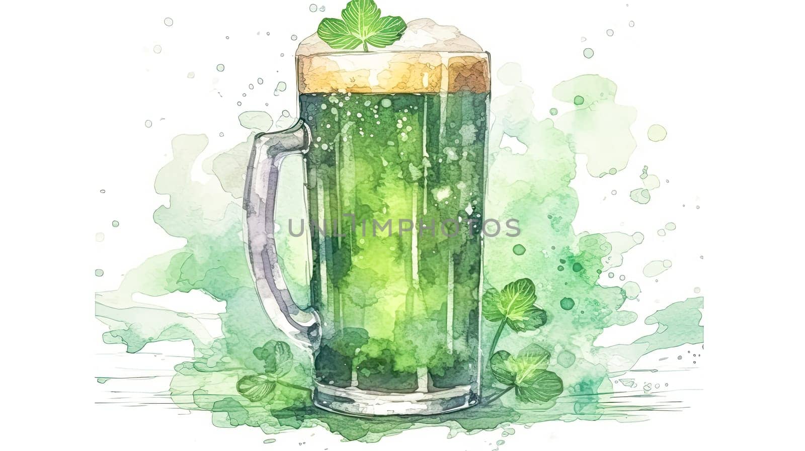 Celebrate St. Patricks Day with the charm of green beer, depicted in a lively watercolor scene