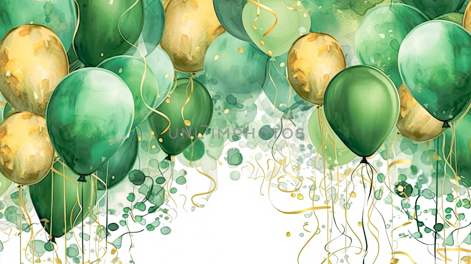 Lively Luck, Watercolor green and gold balloon, a festive symbol for St. Patricks Day celebrations, adding cheer