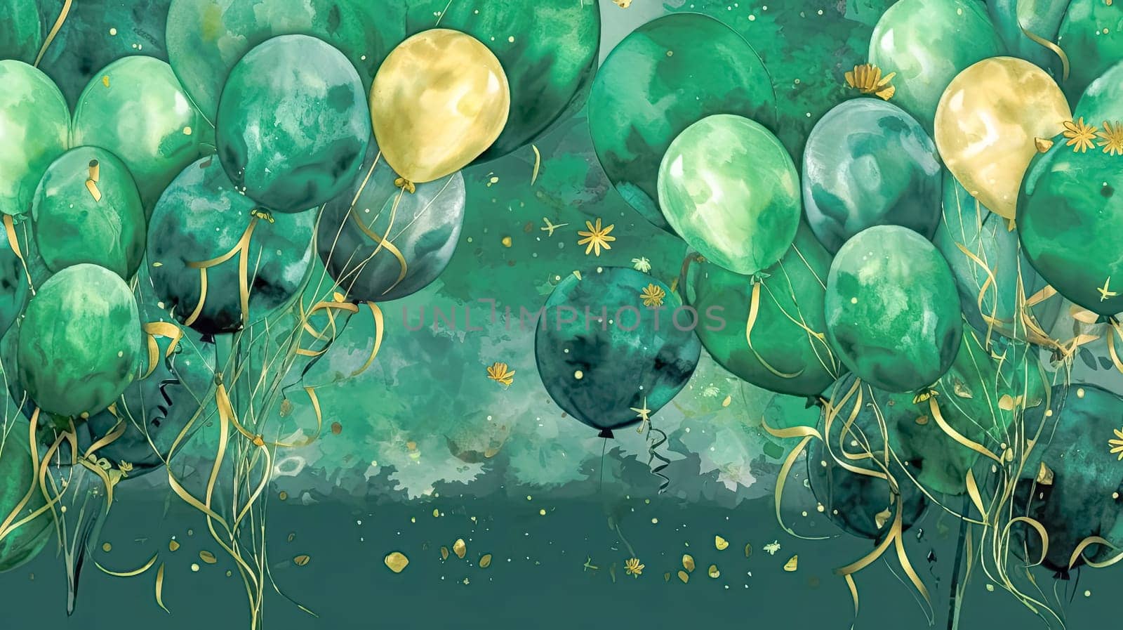 Golden Gleam, Watercolor illustration of a green and gold balloon, a shining accent for St. Patricks Day festivities
