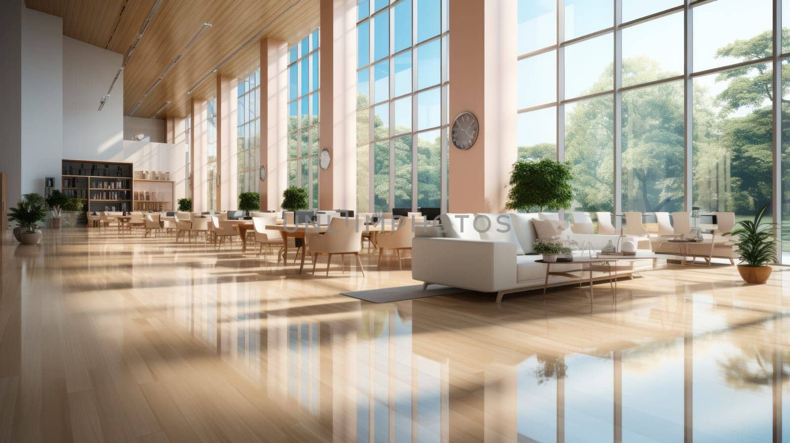 A beautiful modern spacious office hall with panoramic windows and a perspective in pleasant natural beige by NataliPopova