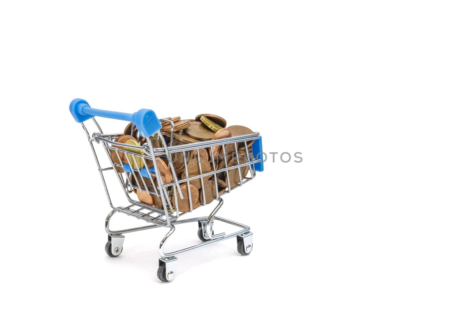 Many heap money coins in the small shopping cart, success in small business, smart shopping to save by PopOff