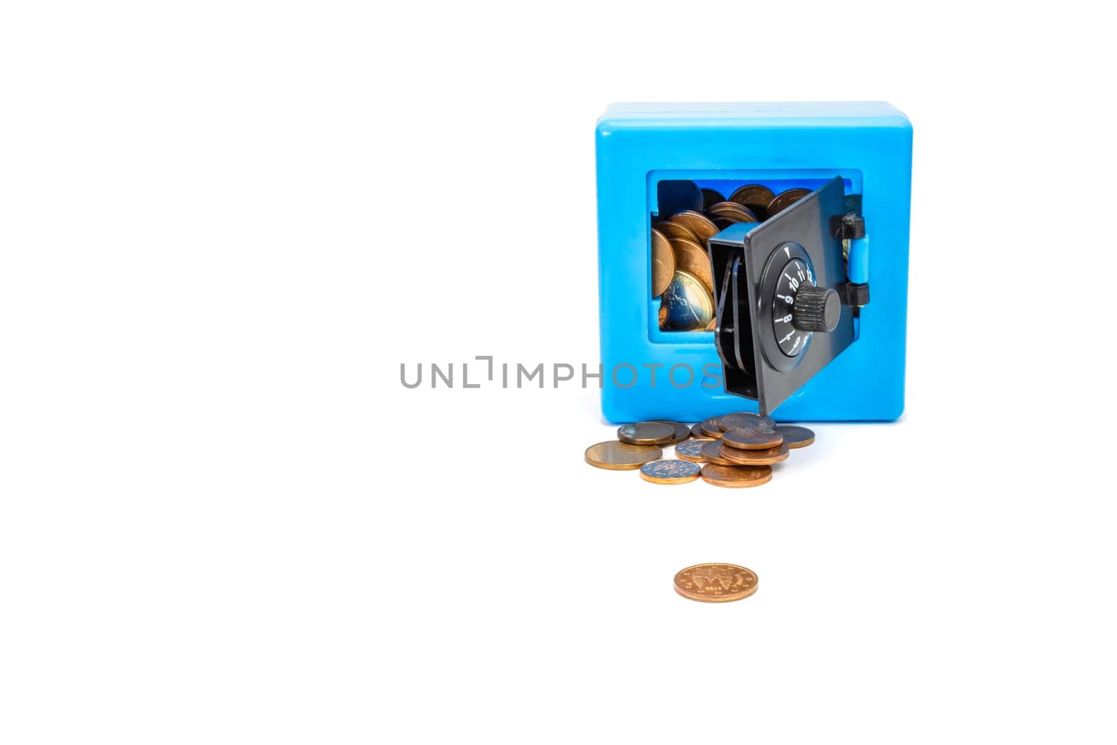 blue piggy bank in the form of a safe with coins on a white background, money concept. High quality photo