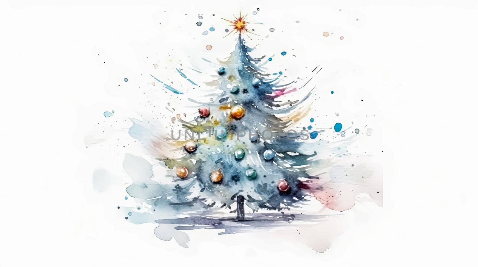 Whimsical watercolor radiates holiday cheer a Christmas tree on a white canvas, capturing the joy of celebrating Christmas and New Year