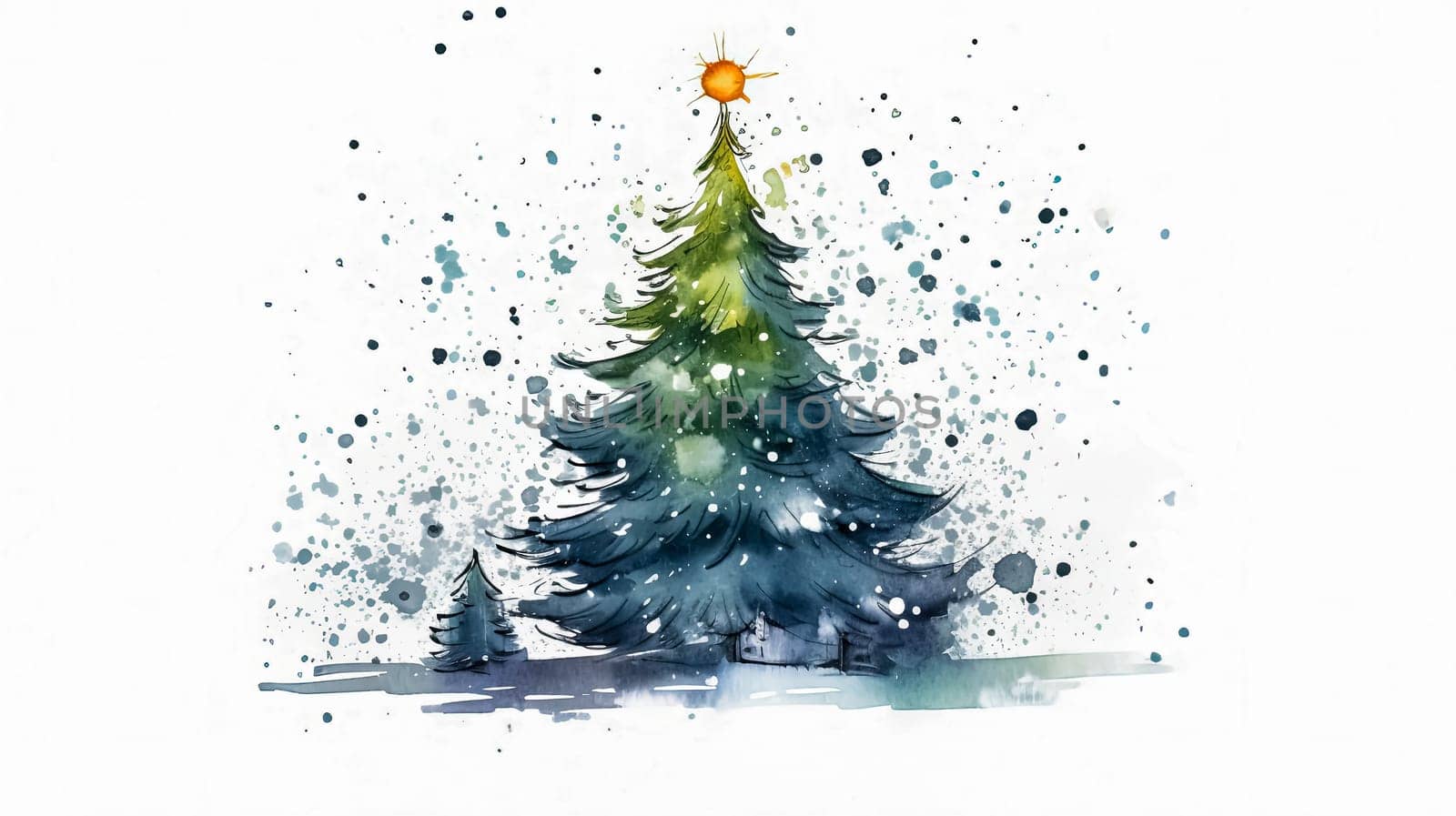 In a delightful watercolor scene, a Christmas tree takes center stage against a pure white backdrop, evoking the magic of celebrating Christmas and New Year