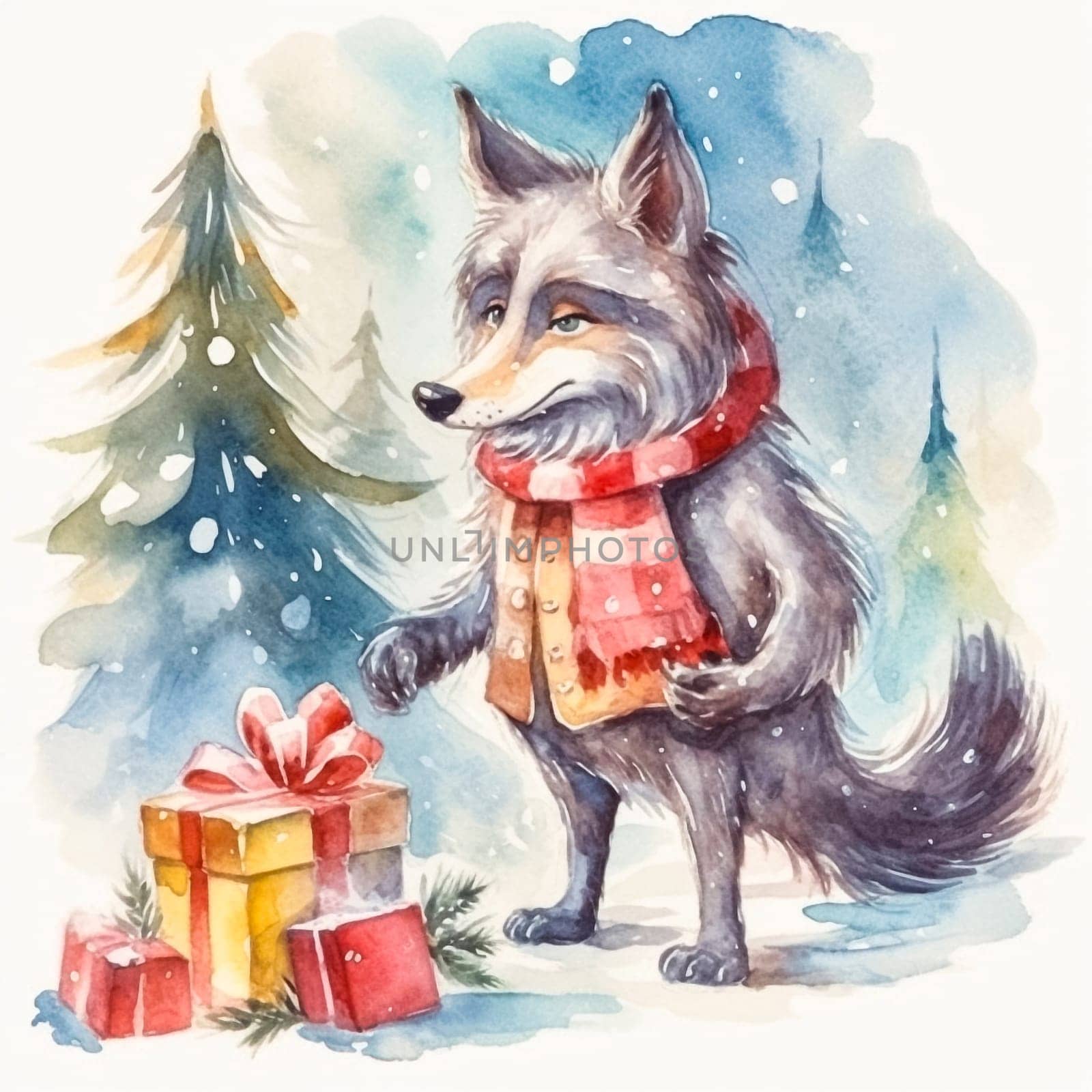 wolf with gifts on background of Christmas tree, winter holidays concept