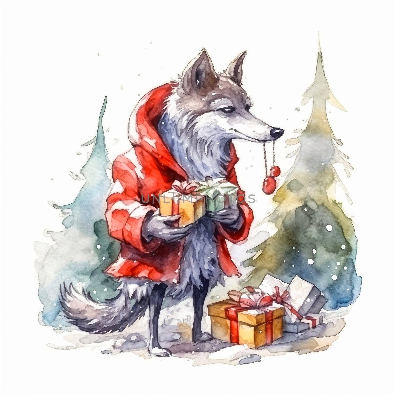 wolf with gifts on background of Christmas tree, winter holidays concept