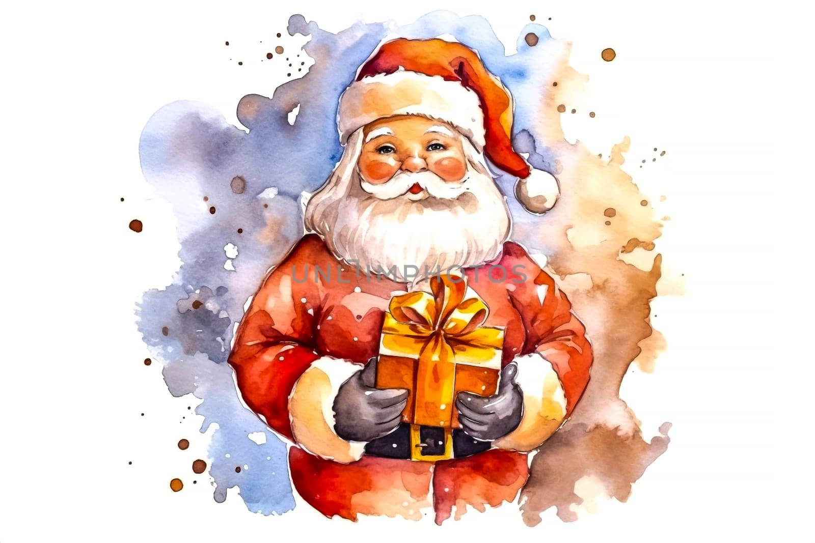 Charming watercolor scene, Santa Claus with gifts, embodying the spirit of Christmas and New Year celebrations a visual delight for the season