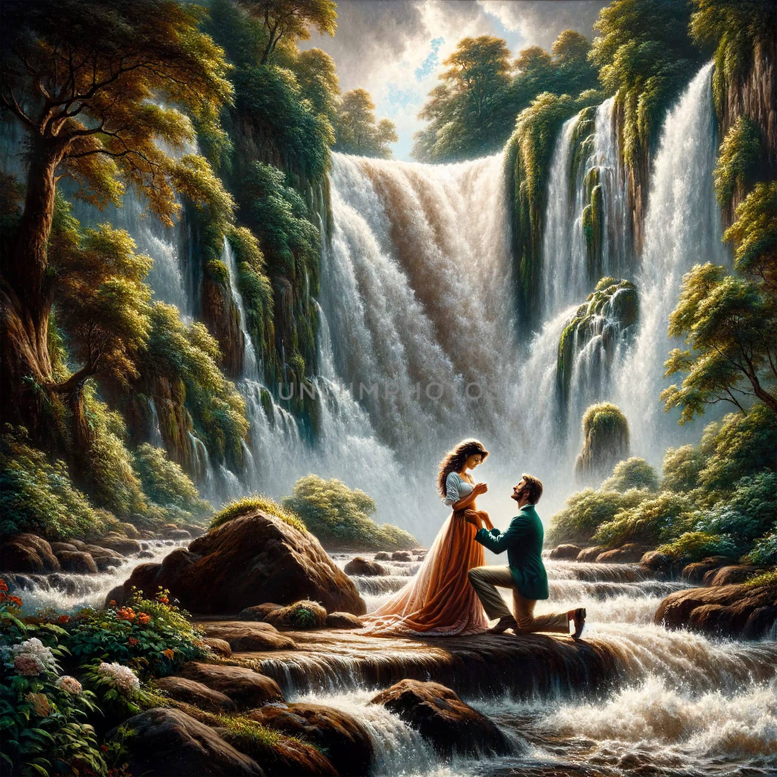 Amidst a breathtaking waterfall oasis, a couple shares a magical moment, a man proposes to a woman dressed in a flowing orange gown, as natures majesty envelops them