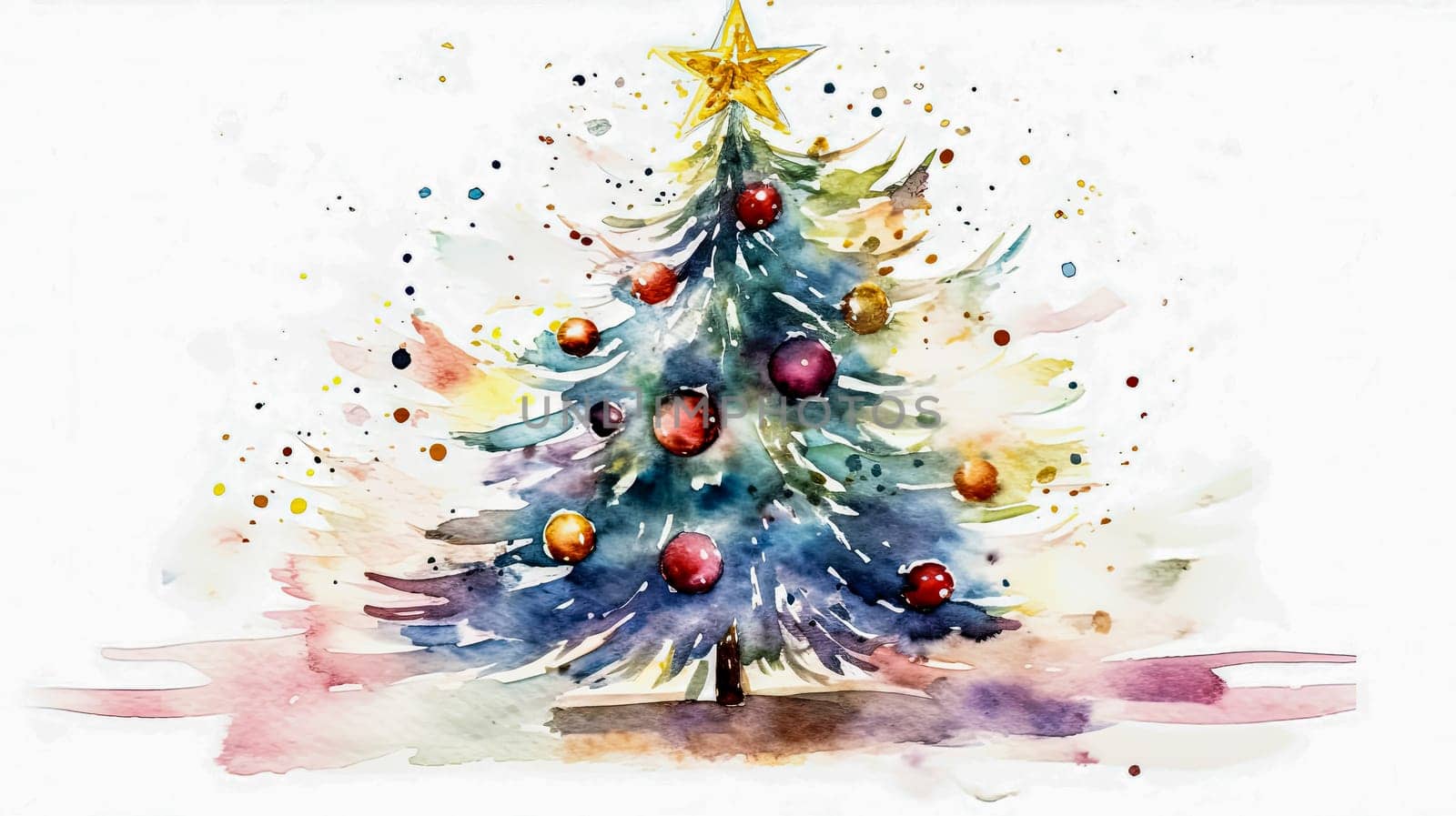 a watercolor masterpiece a Christmas tree adorned on a white background by Alla_Morozova93
