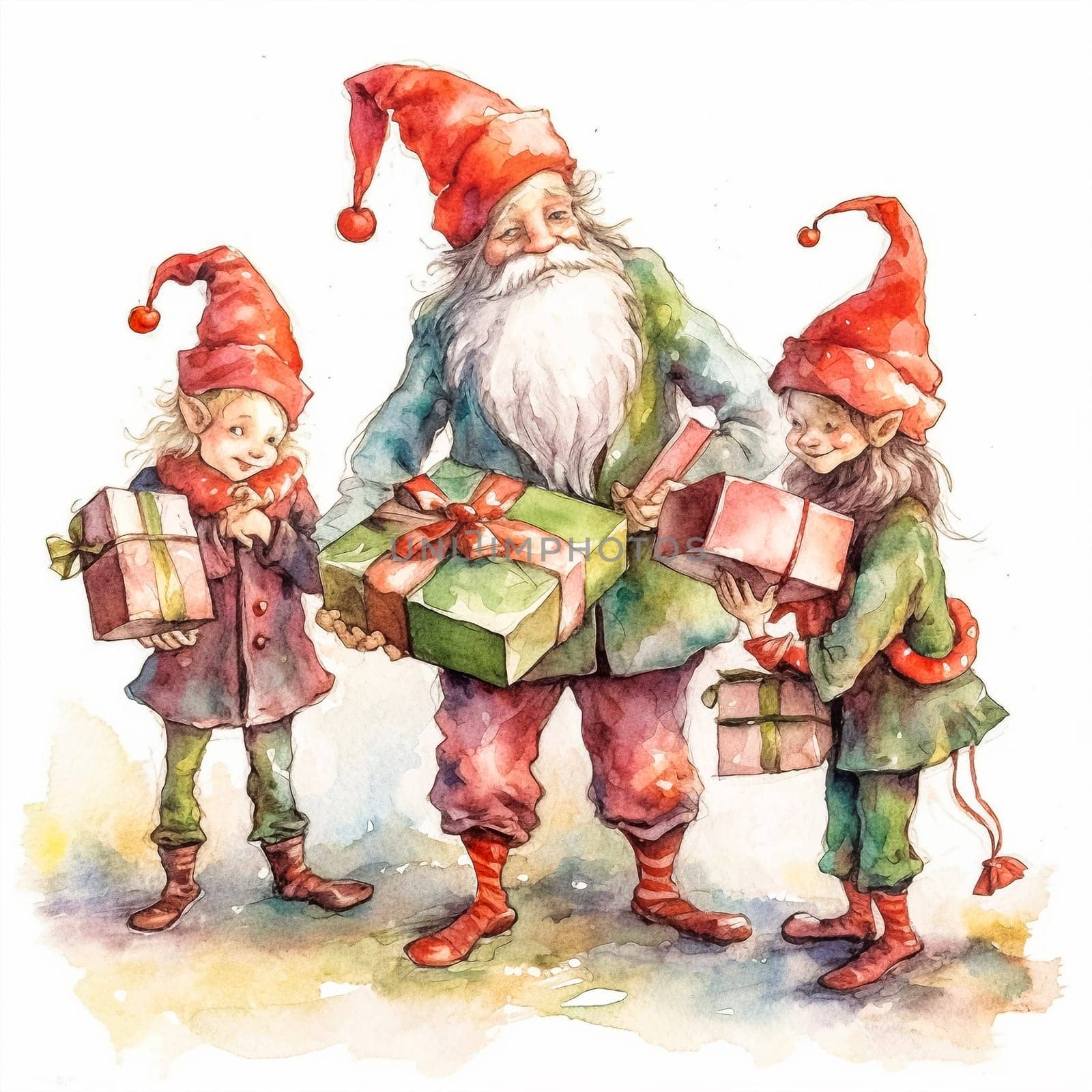 Whimsical watercolor portrays Santa's helper gnomes, bearing gifts a festive celebration of Christmas and New Year with charming holiday spirit