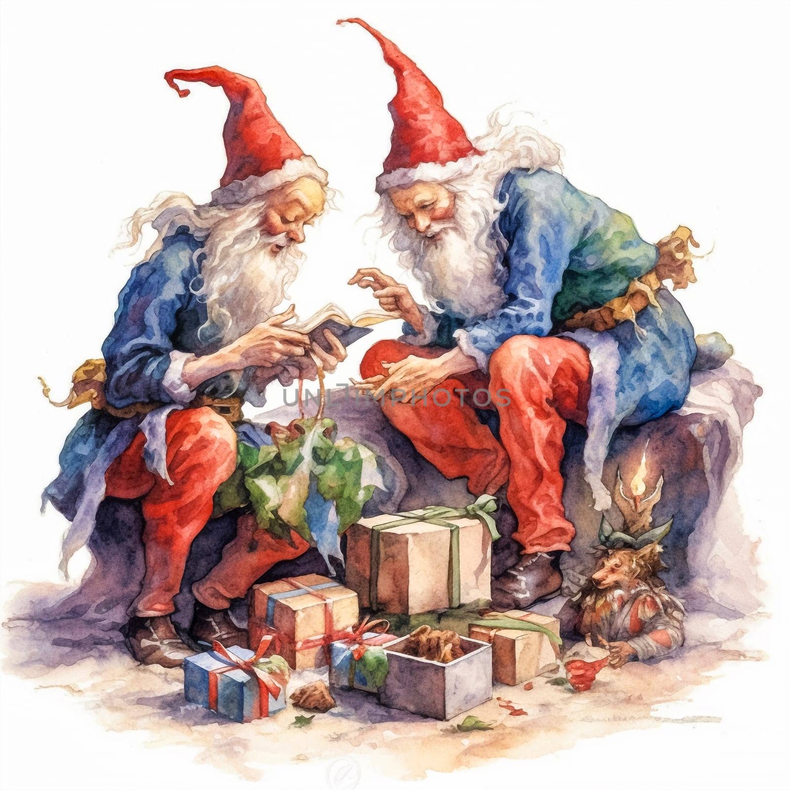 Capture the magic of the season with watercolor art featuring Santas helper gnomes delivering gifts a heartwarming image for Christmas and New Year celebrations