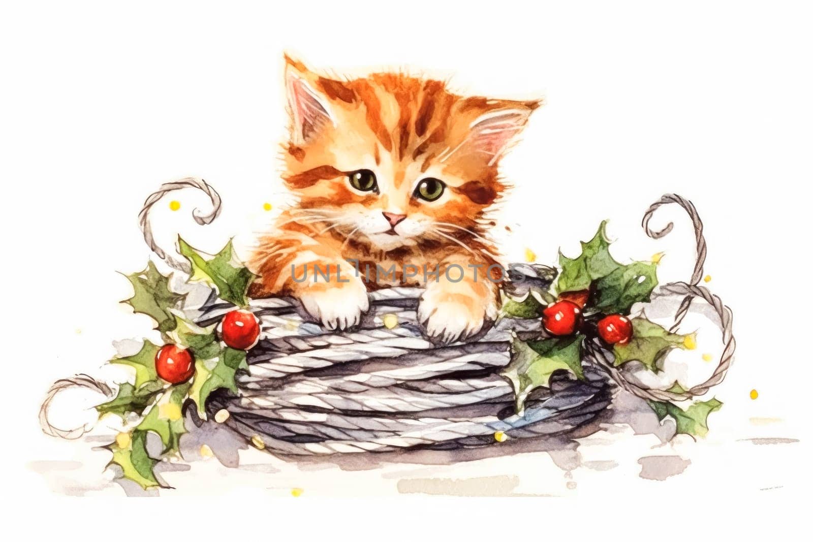 watercolor masterpiece adorable kitten amidst Christmas decorations, capturing the joy of celebrating Christmas and New Year.