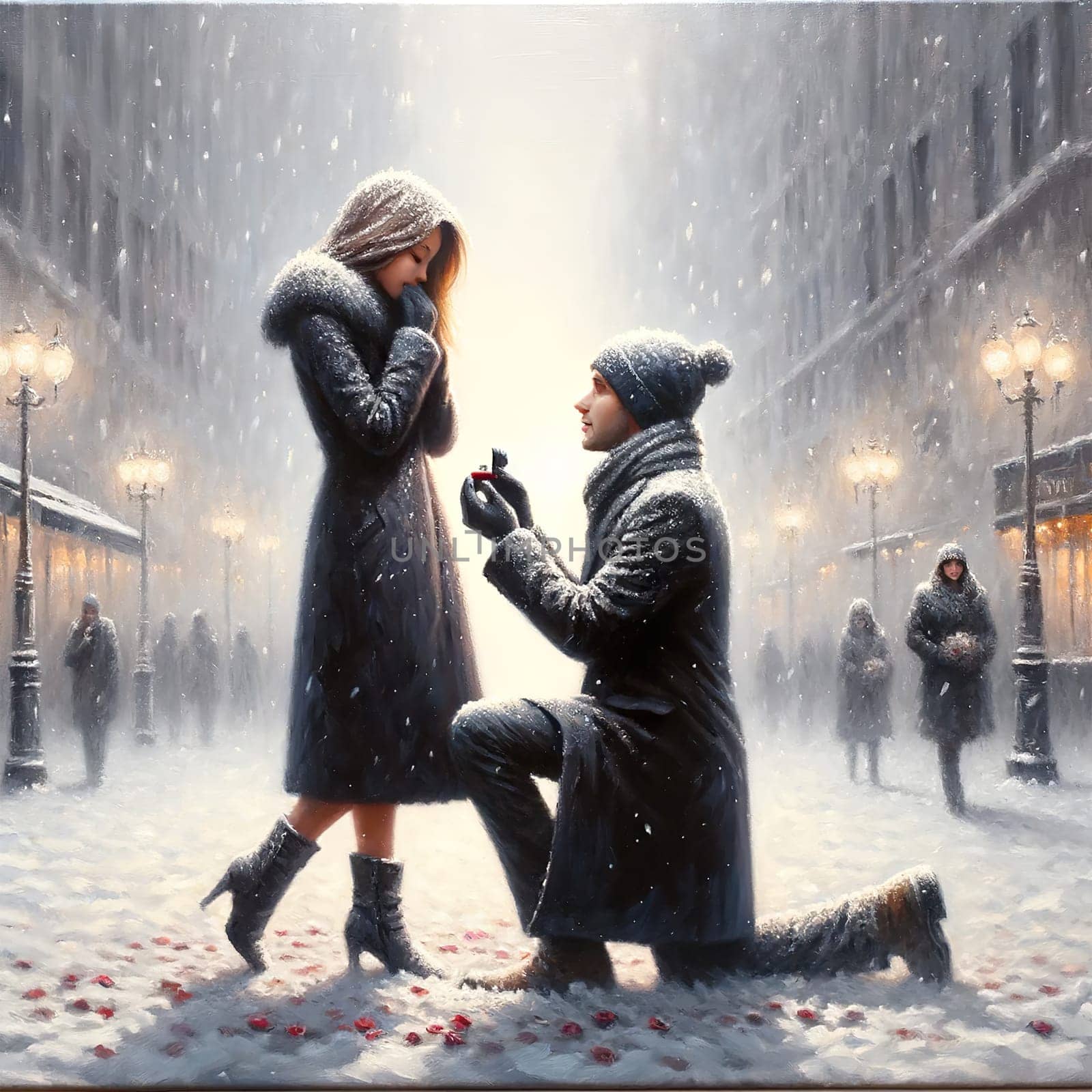 A heartfelt proposal unfolds on a snow-covered city street, with a man on one knee holding an engagement ring to a woman, as delicate snowflakes and bystanders surround them