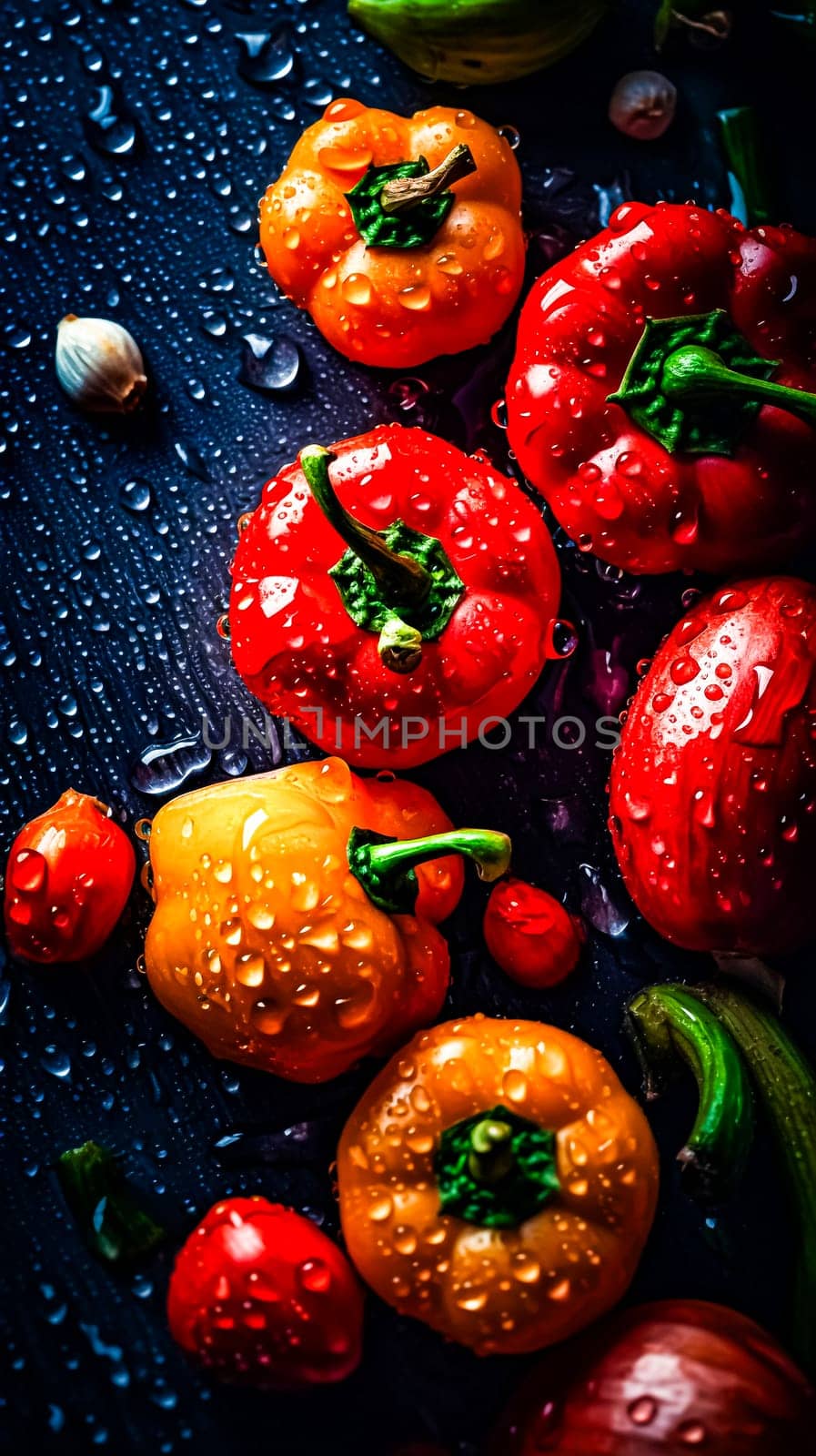 Top view magic Fresh vegetables glisten with water droplets on a dark canvas, a captivating symphony of nature's bounty and culinary artistry