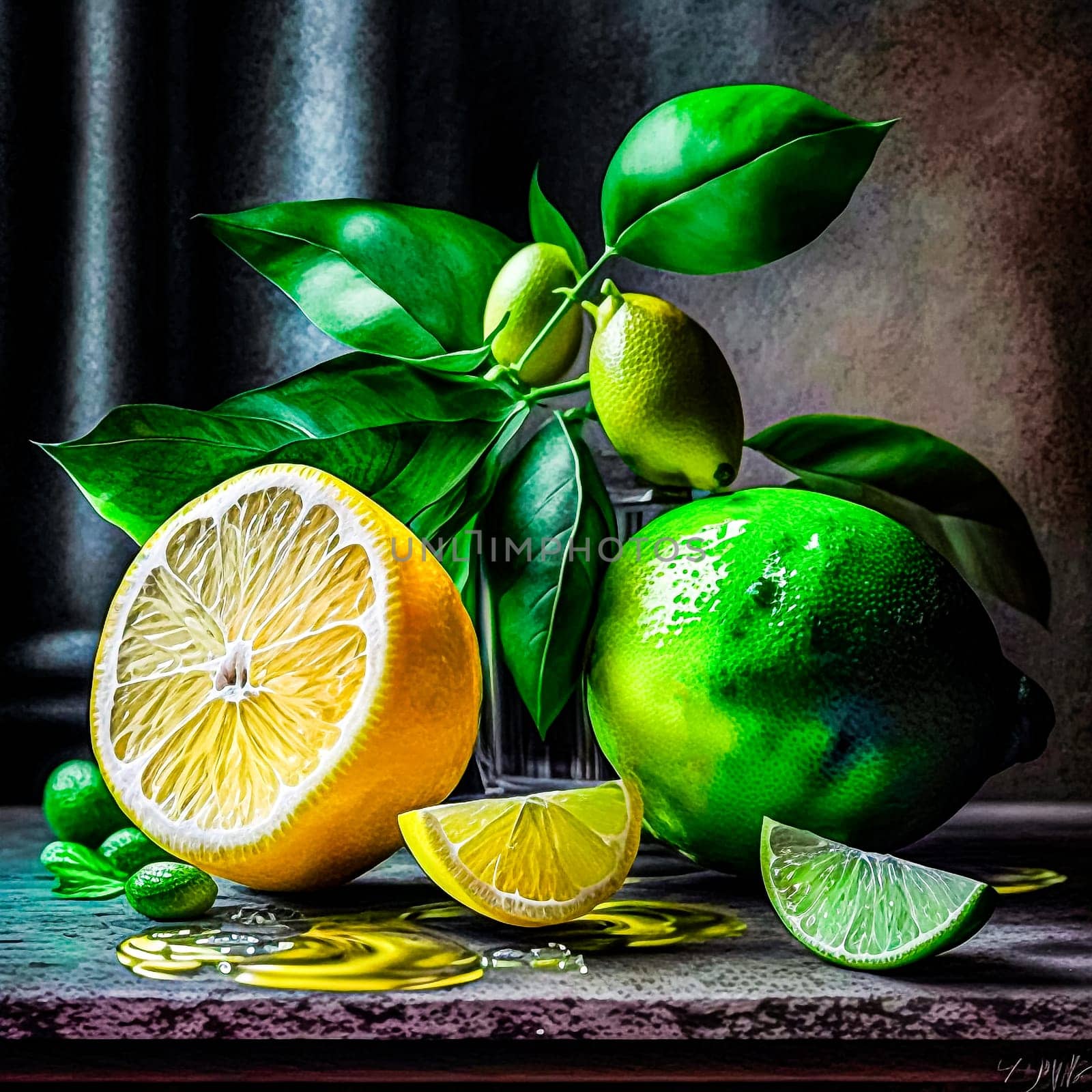 Stunning still life vibrant lemon pops against a dark backdrop by Alla_Morozova93