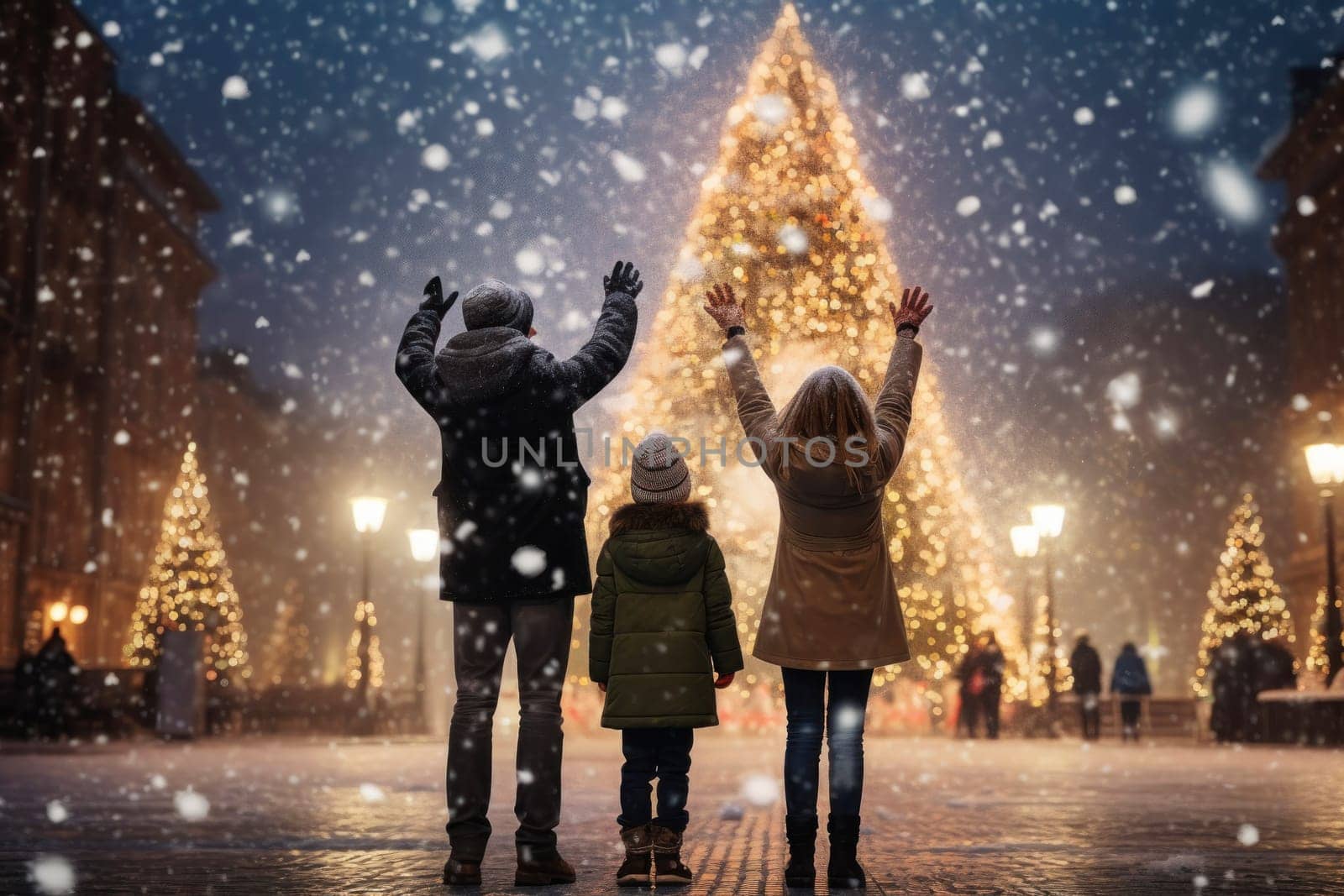 People enjoy Christmas, spending time in the town square with Christmas tree by andreyz