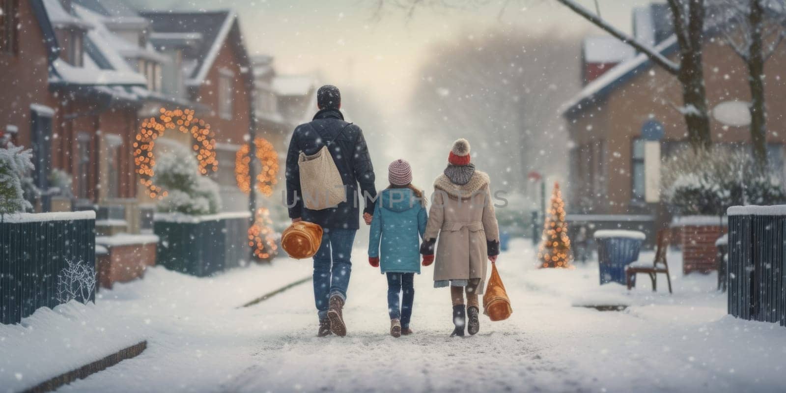 Happy family Father, mother and children are on winter walk in nature comeliness by biancoblue