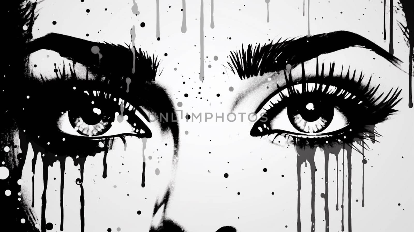 Beautiful female eye with a tear. Ink black and white drawing. Ai generative.