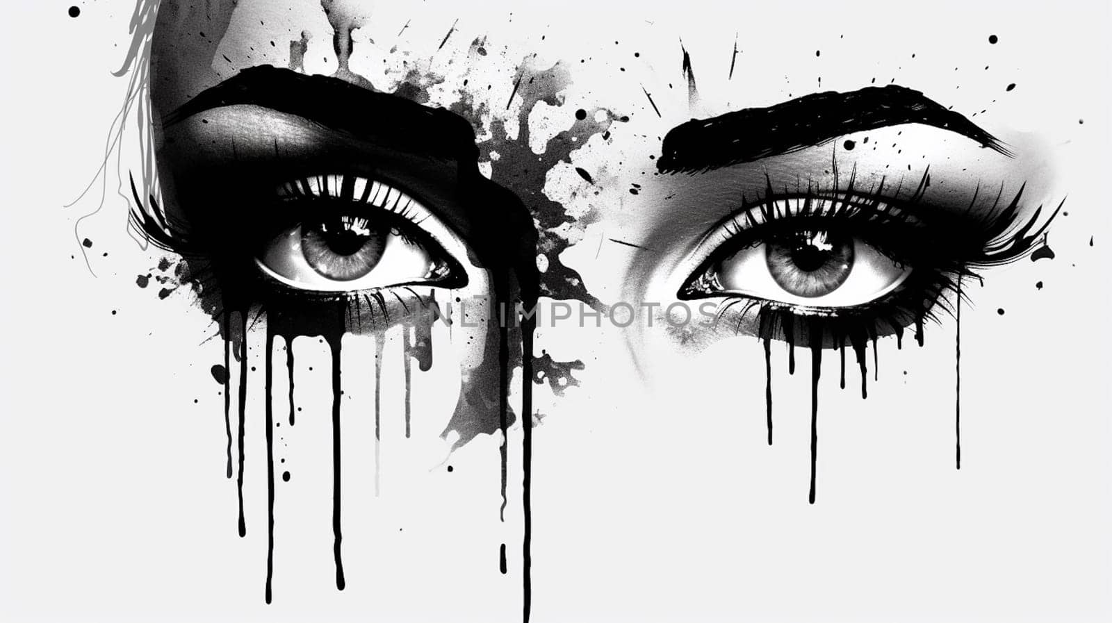 Beautiful female eye with a tear. Ink black and white drawing. Ai generative.