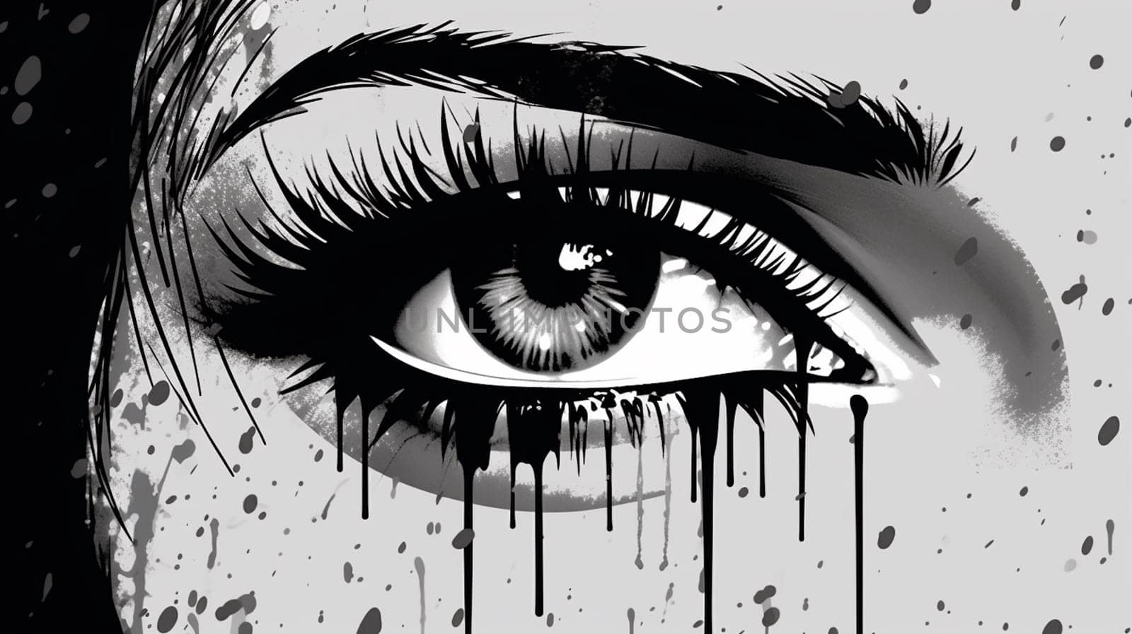 Beautiful female eye with a tear. Ink black and white drawing. Ai generative by lucia_fox