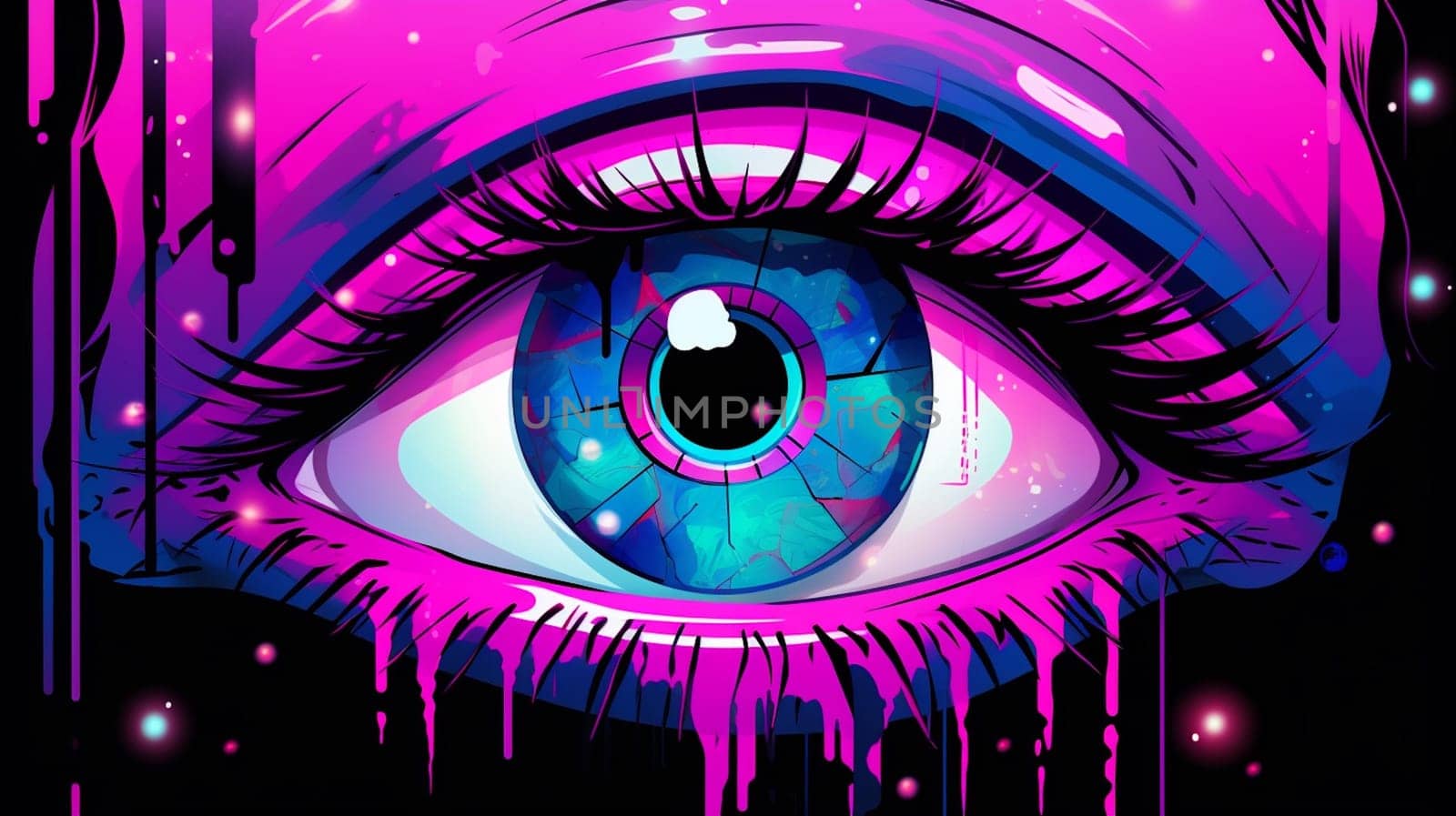 Vaporwave style big sparkling anime eye . Print for a t-shirt, poster, cover. Ai Generative by lucia_fox