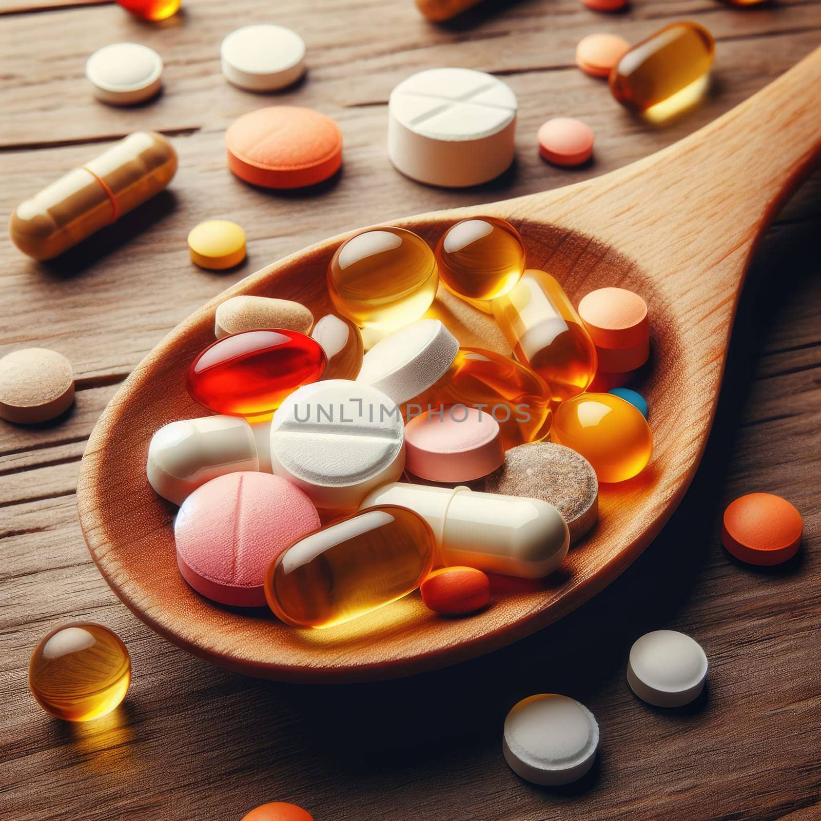 Assorted pharmaceutical medicine pills, tablets and capsules on wooden spoon.