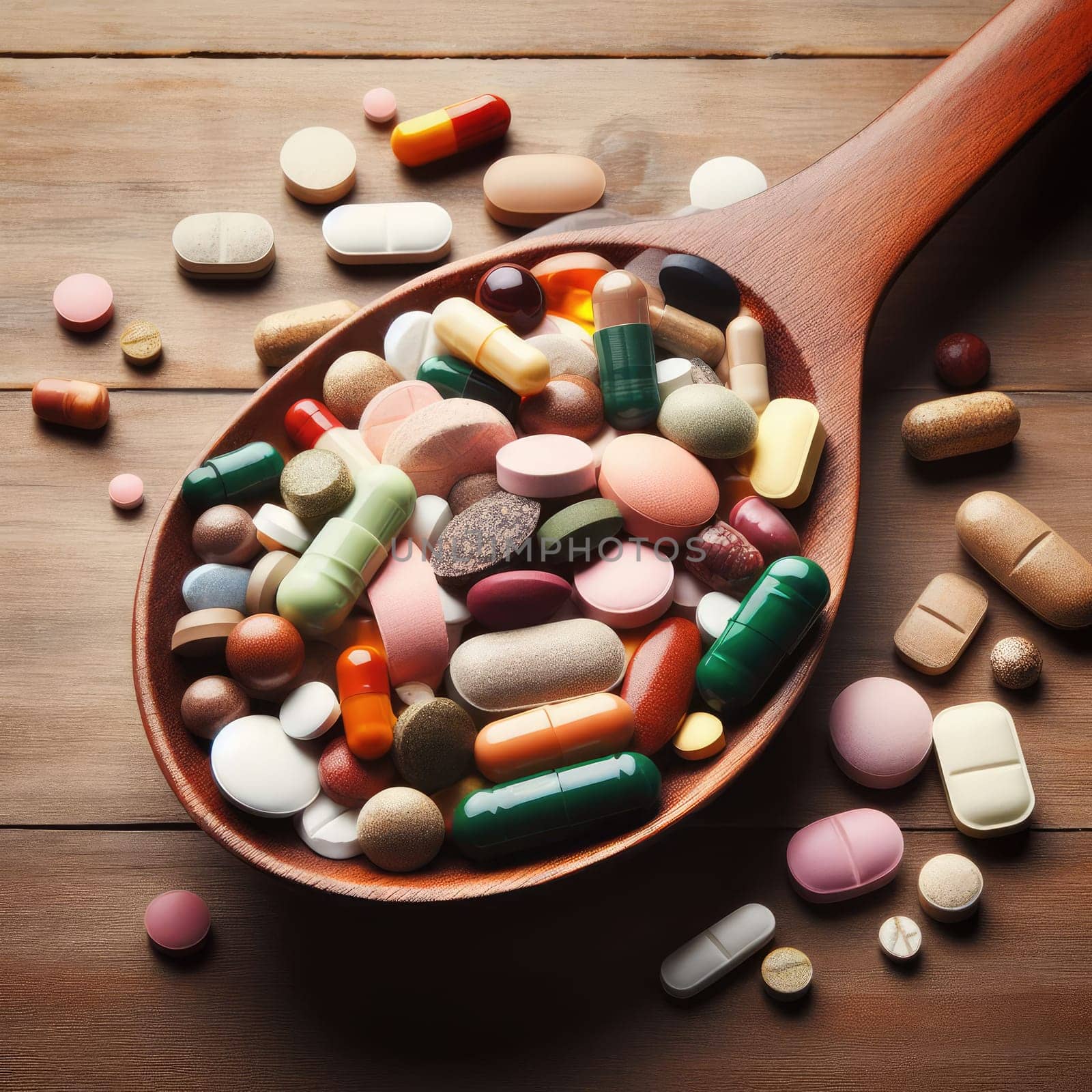 Assorted pharmaceutical medicine pills, tablets and capsules on wooden spoon.