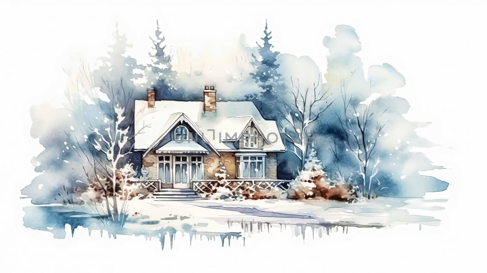 A cozy house nestled in a snowy forest, surrounded by Christmas trees a festive haven before the joyous holiday season