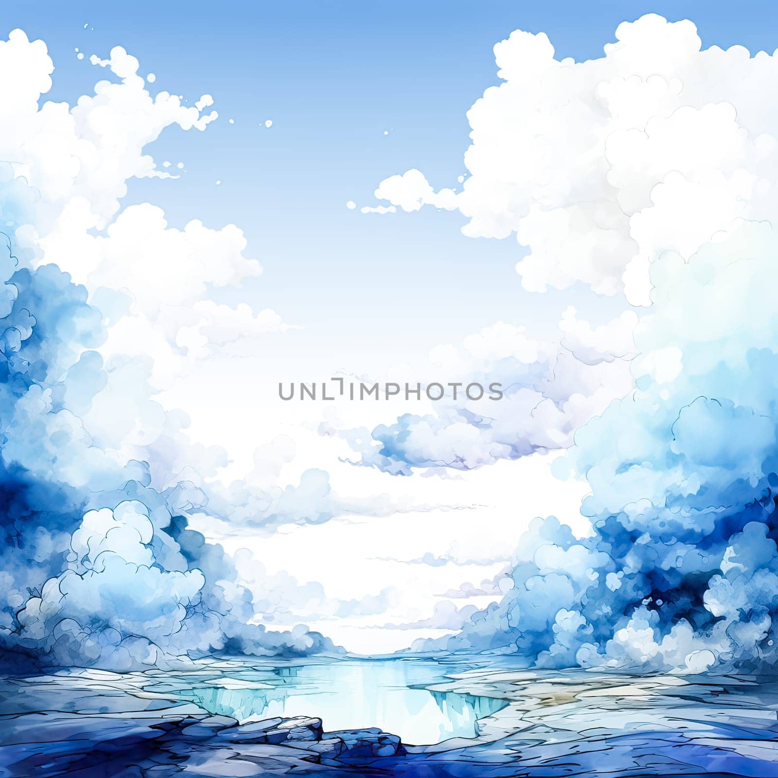 Serene watercolor landscape in soothing blues by Alla_Morozova93
