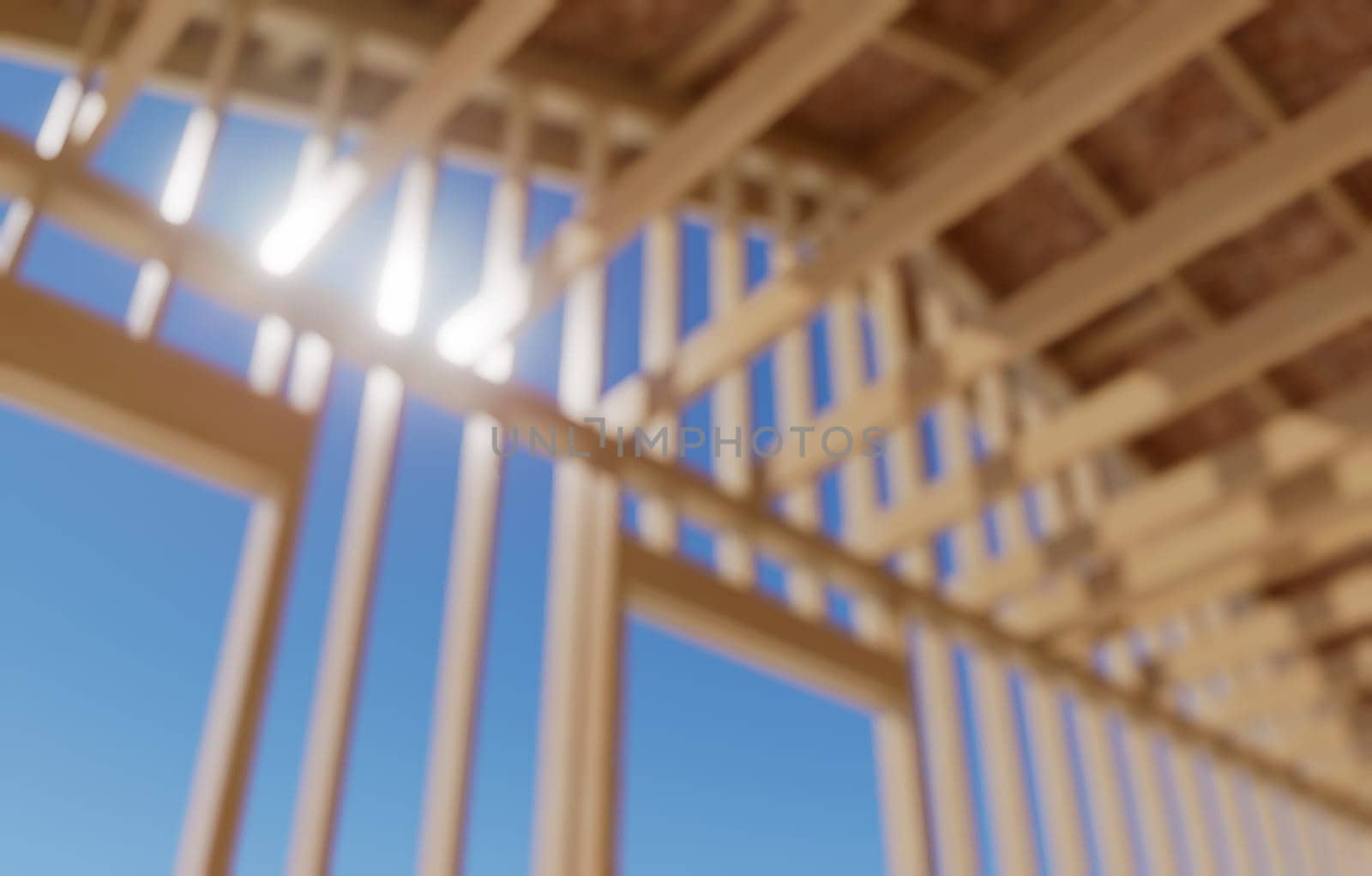 Construction of a frame house. Defocused concept image of a house under construction with a blurred background. Wooden truss frame and walls against blue sky. 3D visualization