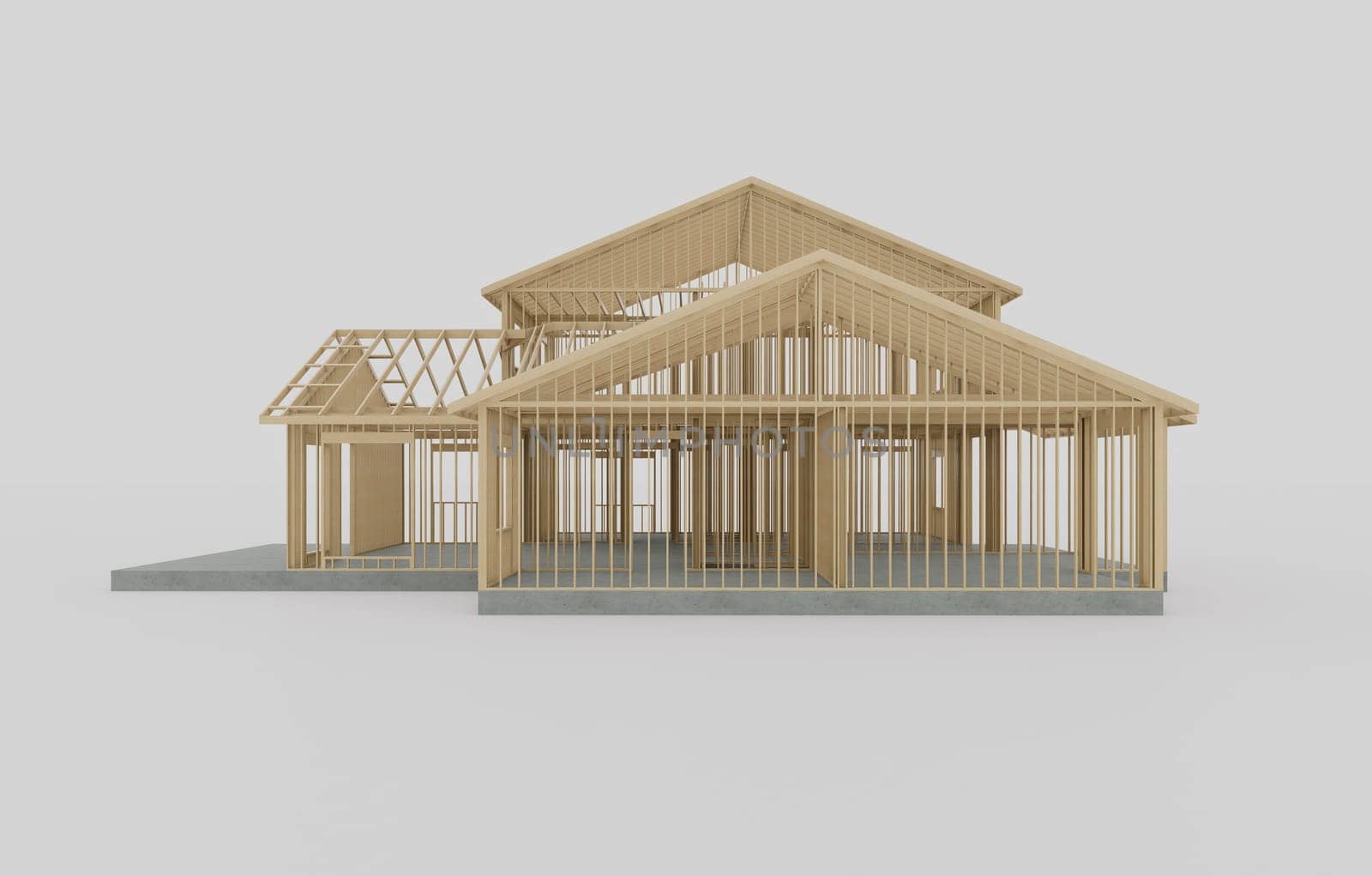 Isolated house in traditional American style with two garages on white background. Conceptual image of the construction of a frame house. 3d rendering