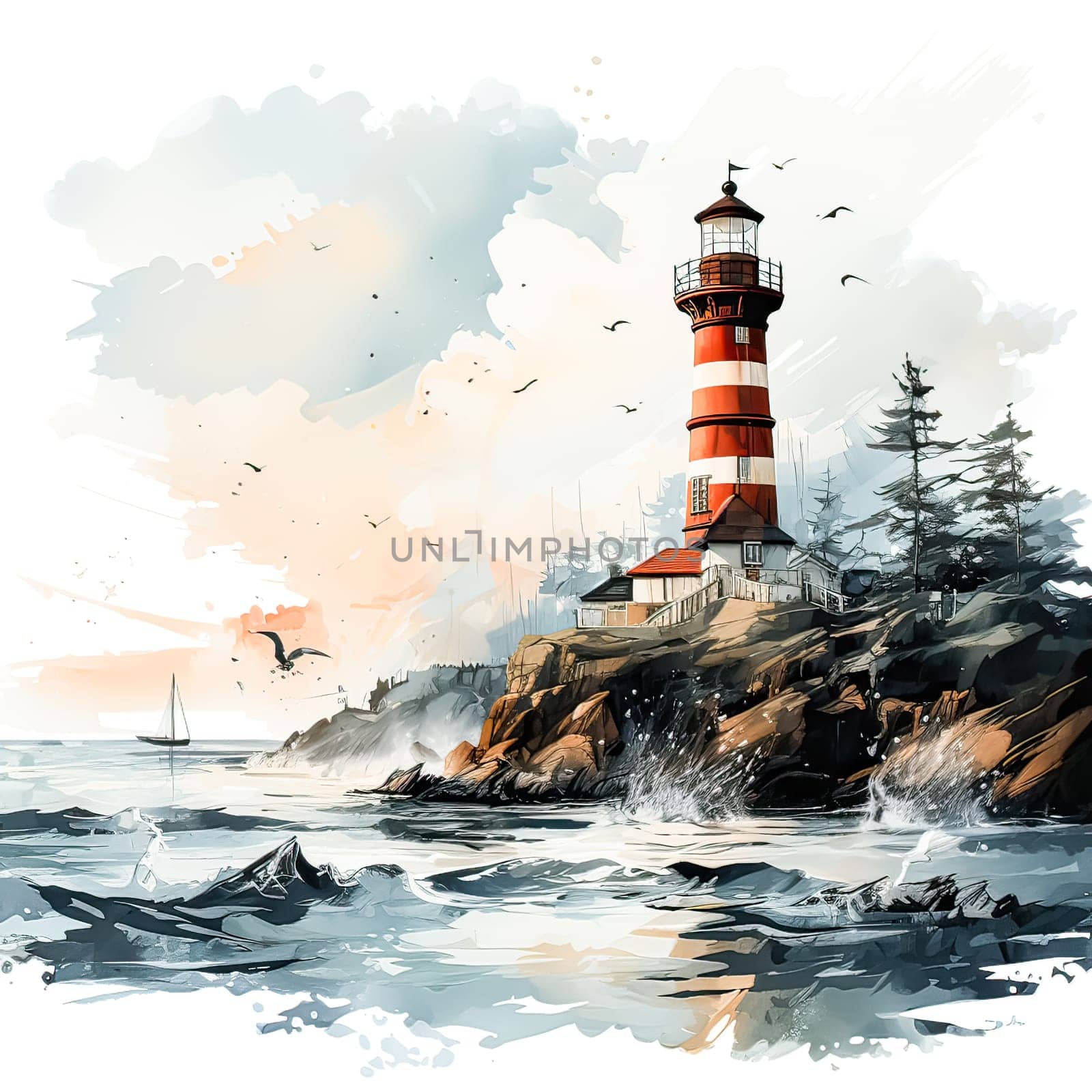 Dramatic watercolor A stormy sea frames a resilient lighthousean evocative by Alla_Morozova93