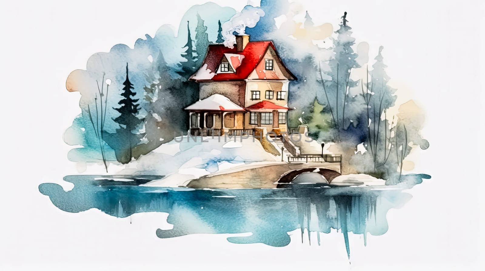 A cozy house nestled in a snowy forest, surrounded by Christmas trees a festive haven before the joyous holiday season