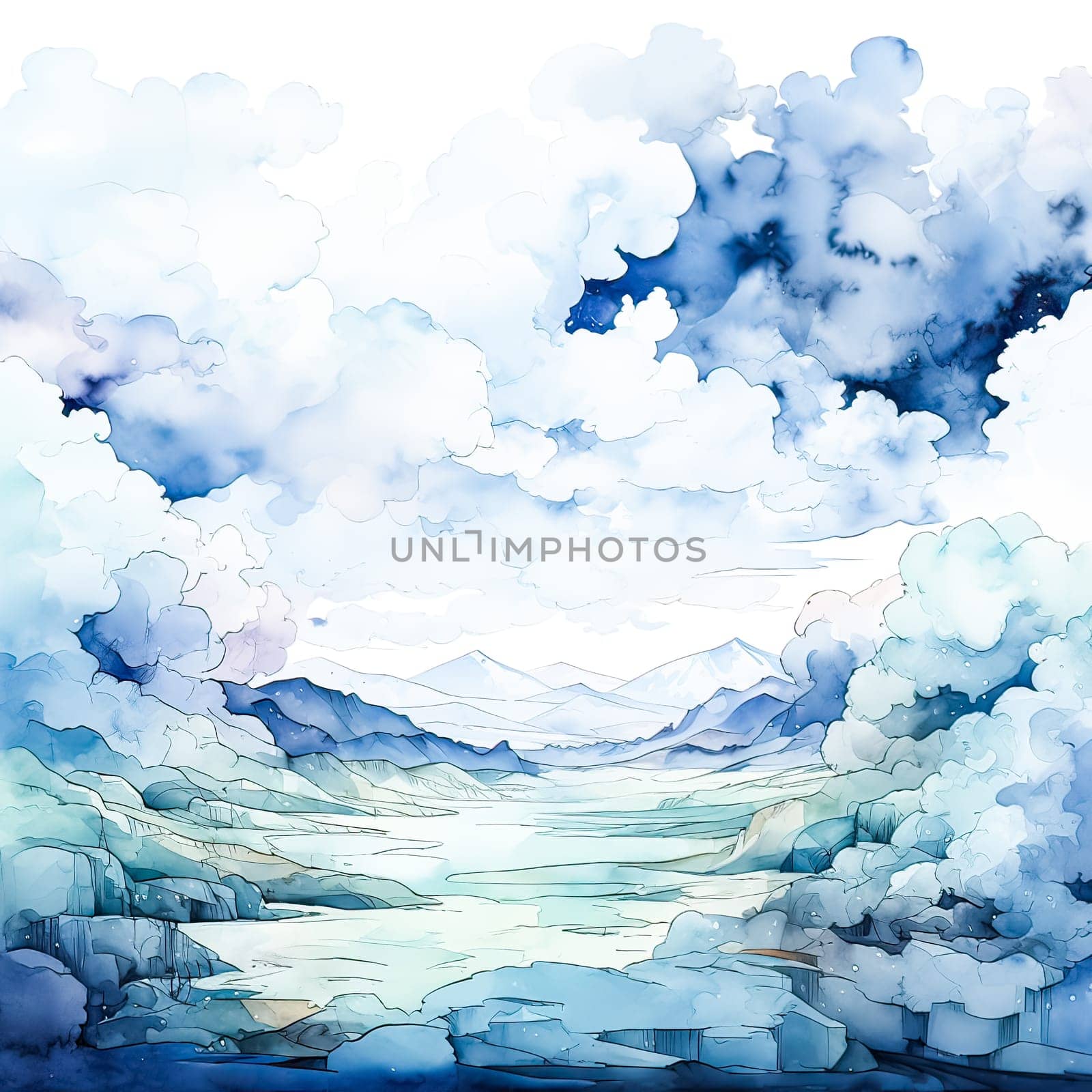 Serene watercolor landscape in soothing blues a tranquil masterpiece capturing the essence of nature's calm and serene beauty.