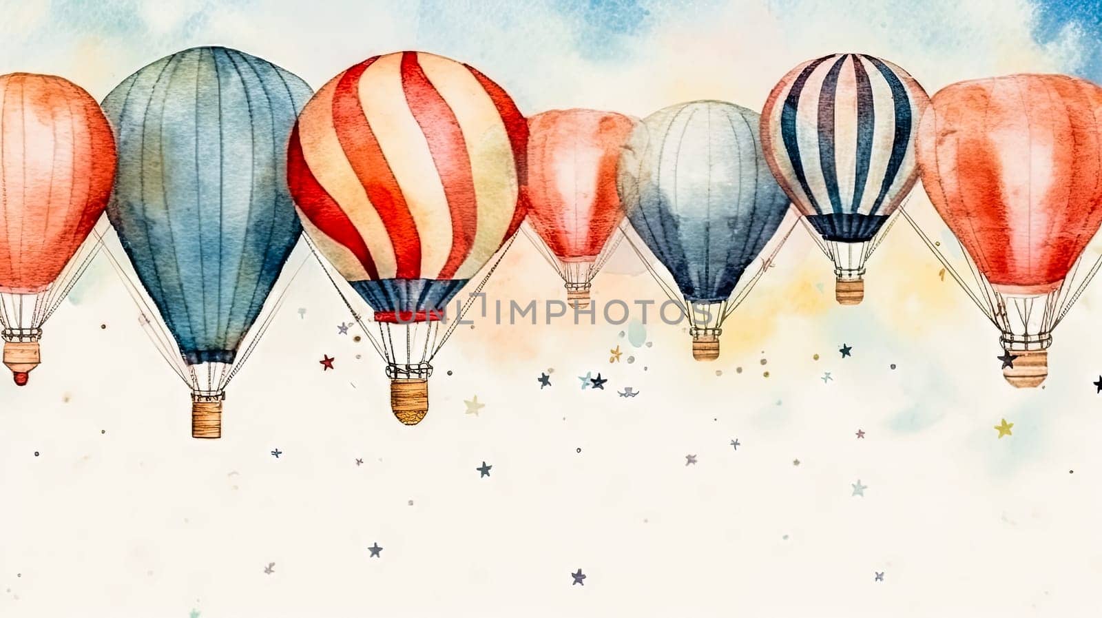 A majestic hot air balloon soars, a vibrant burst of color and freedom in the boundless, dreamy expanse